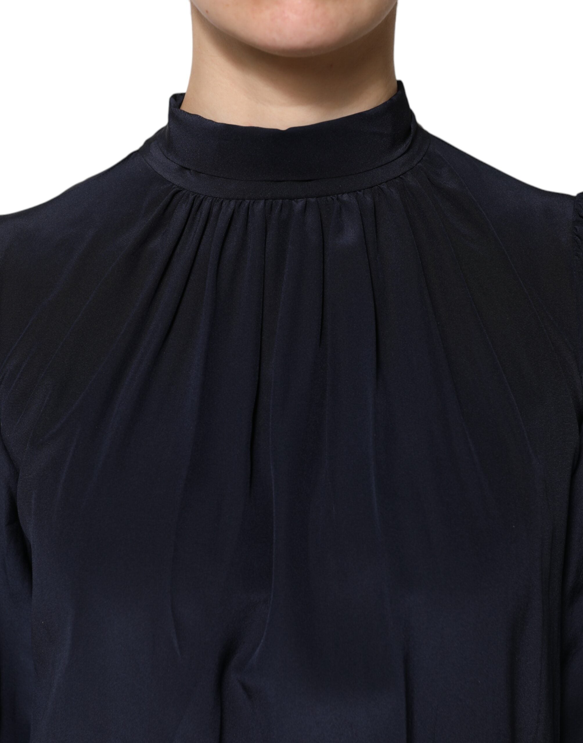 Dolce & Gabbana Blaues Seidenblusentop mit langem Ausschnitt und langen Ärmeln-5