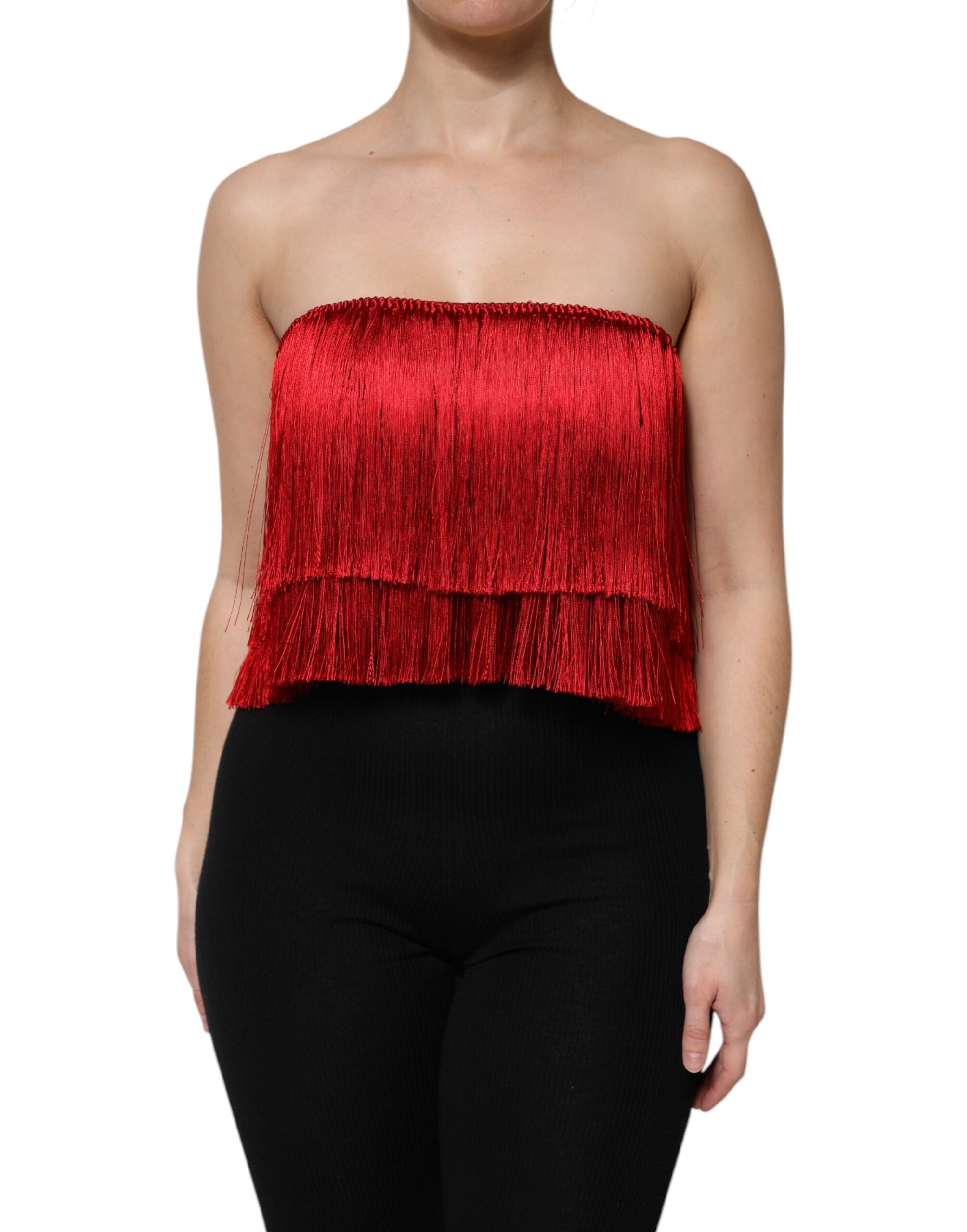 Top corto de seda con flecos y sin tirantes rojo de Dolce & Gabbana-2