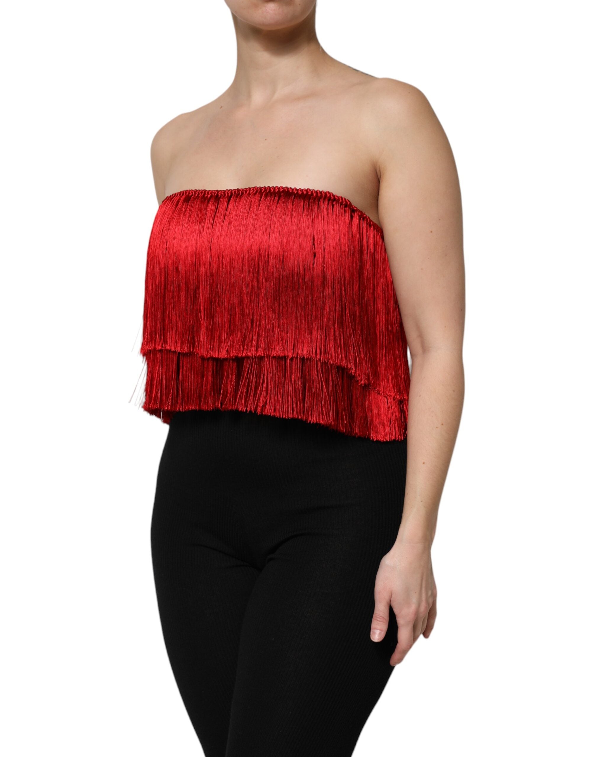 Top corto de seda con flecos y sin tirantes rojo de Dolce & Gabbana-3