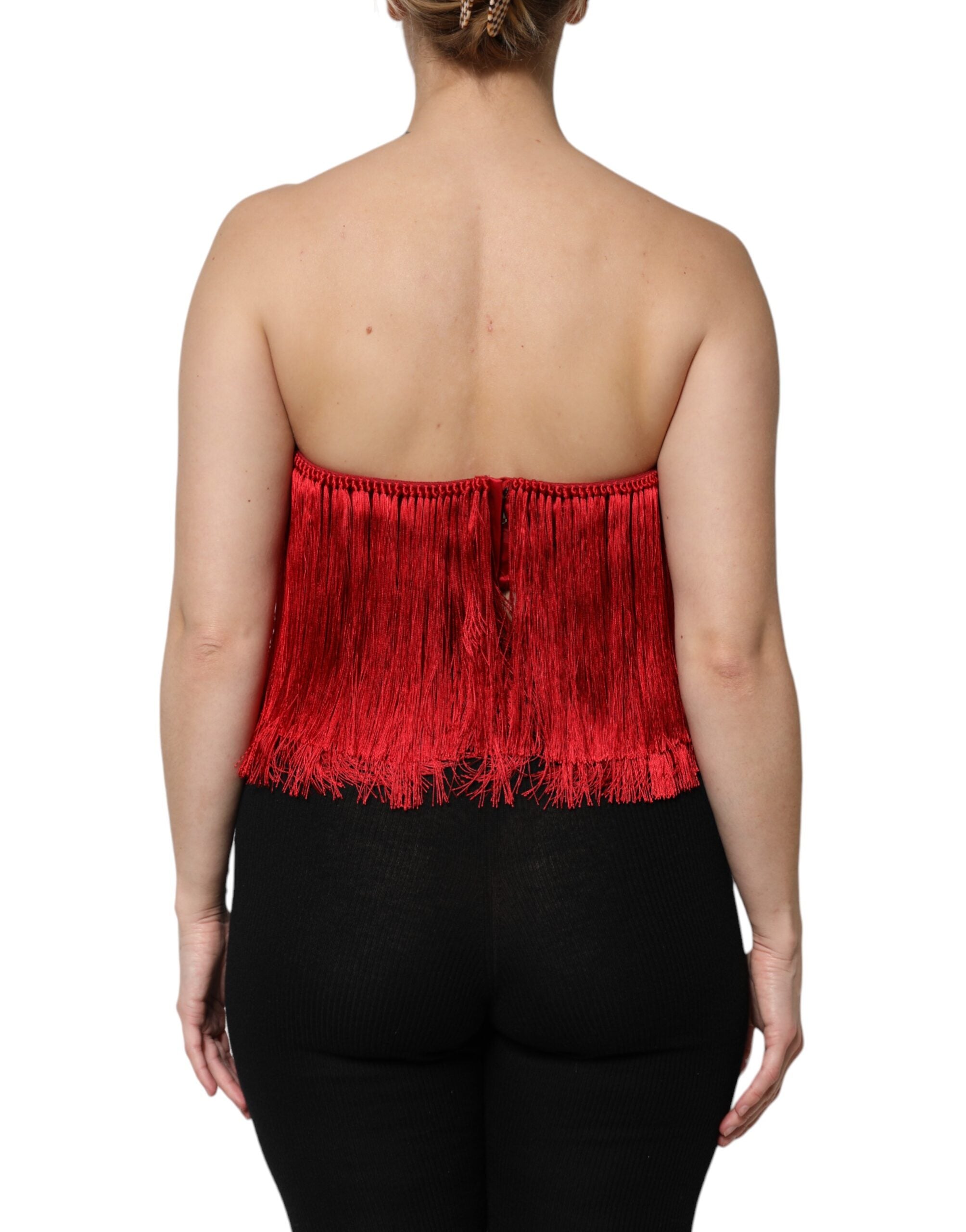 Top corto de seda con flecos y sin tirantes rojo de Dolce & Gabbana-4
