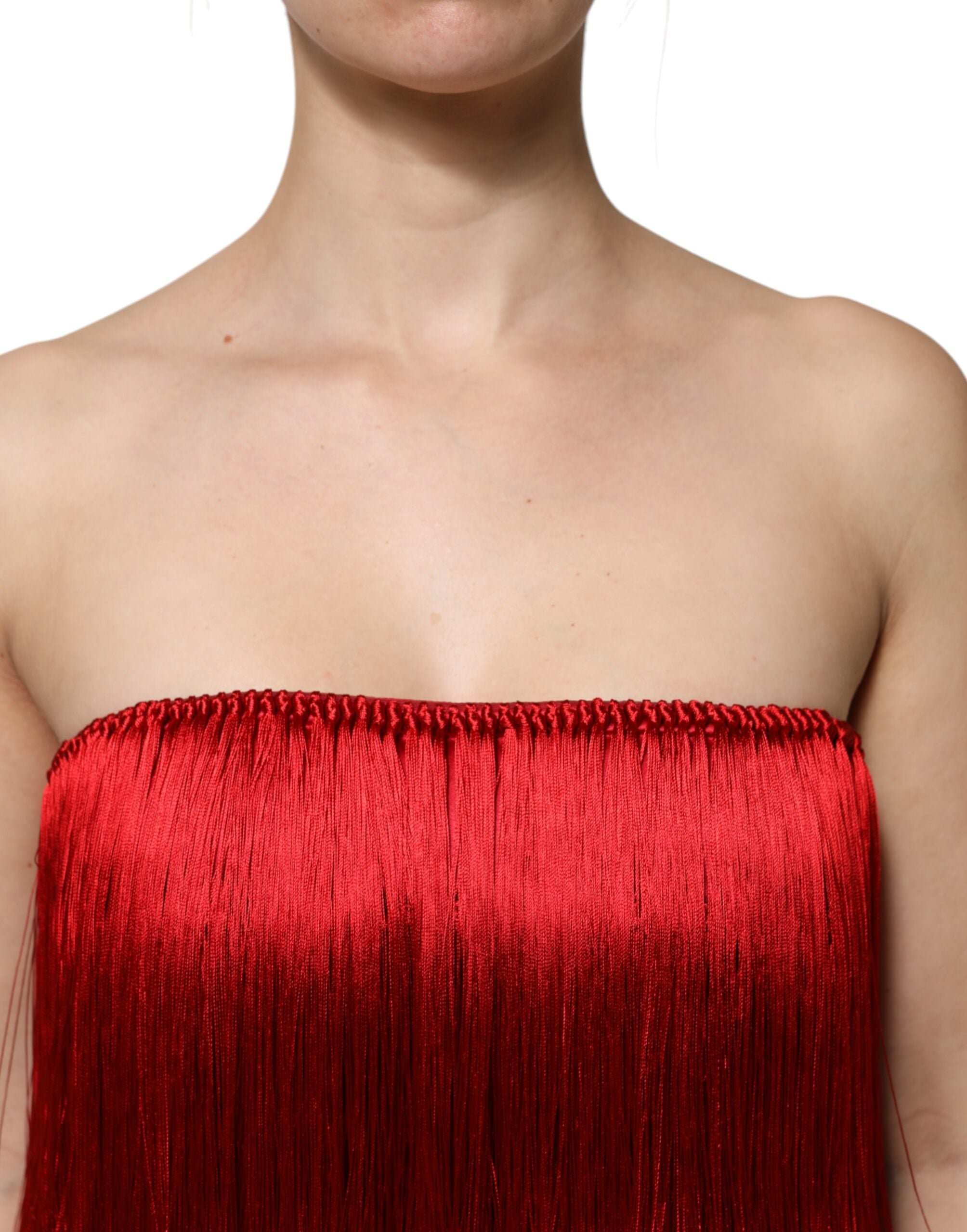 Top corto de seda con flecos y sin tirantes rojo de Dolce & Gabbana-5