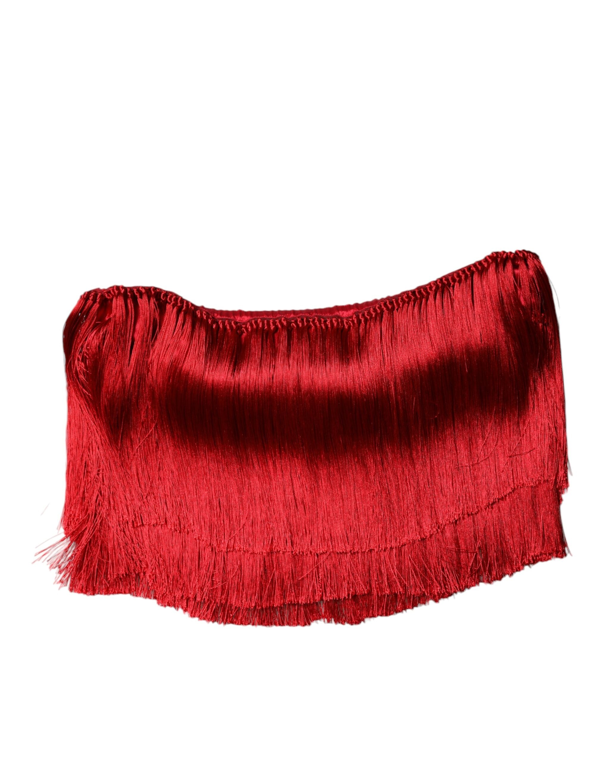 Top corto de seda con flecos y sin tirantes rojo de Dolce & Gabbana-7