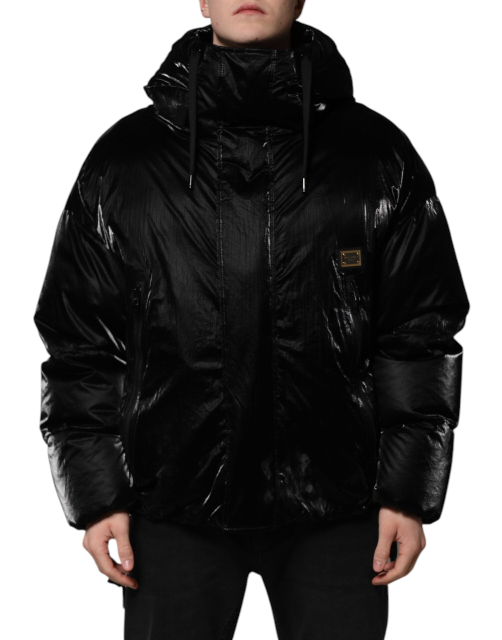 Dolce & Gabbana black logo quilted jacket with hood and zipper