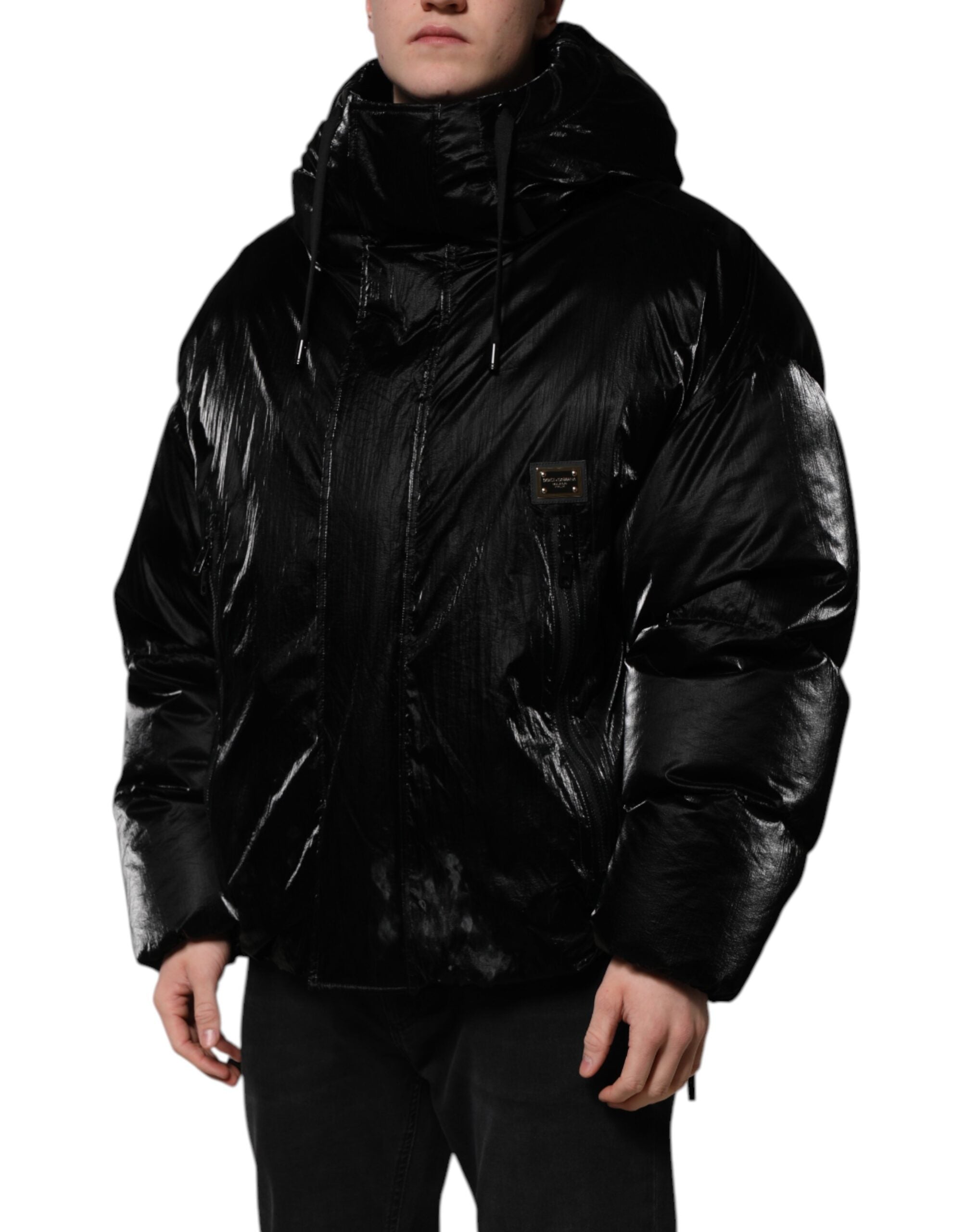 Dolce & Gabbana black logo quilted jacket with hood and zipper-3