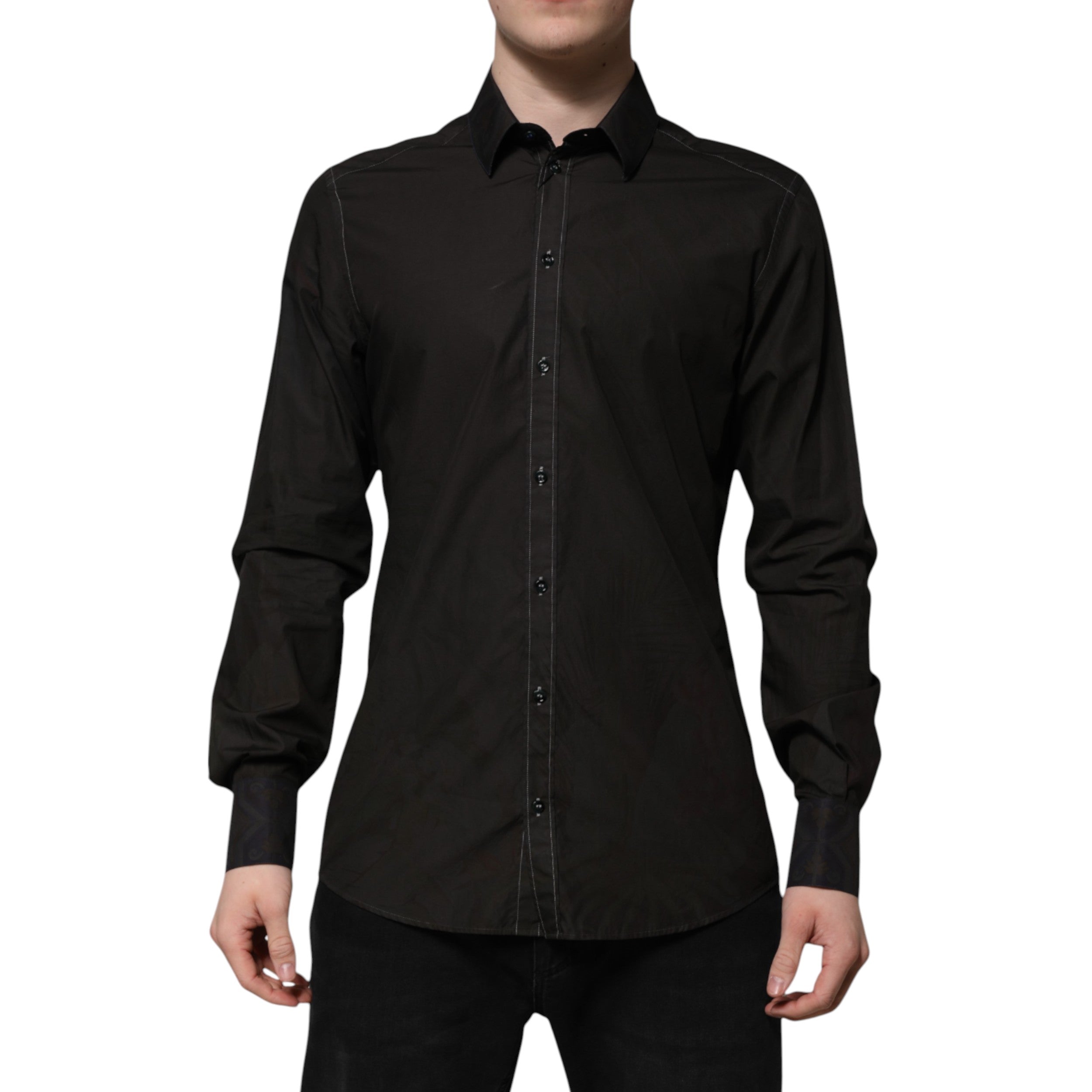 Dolce & Gabbana Black Cotton Jacquard Shirt with Gold Collar-1