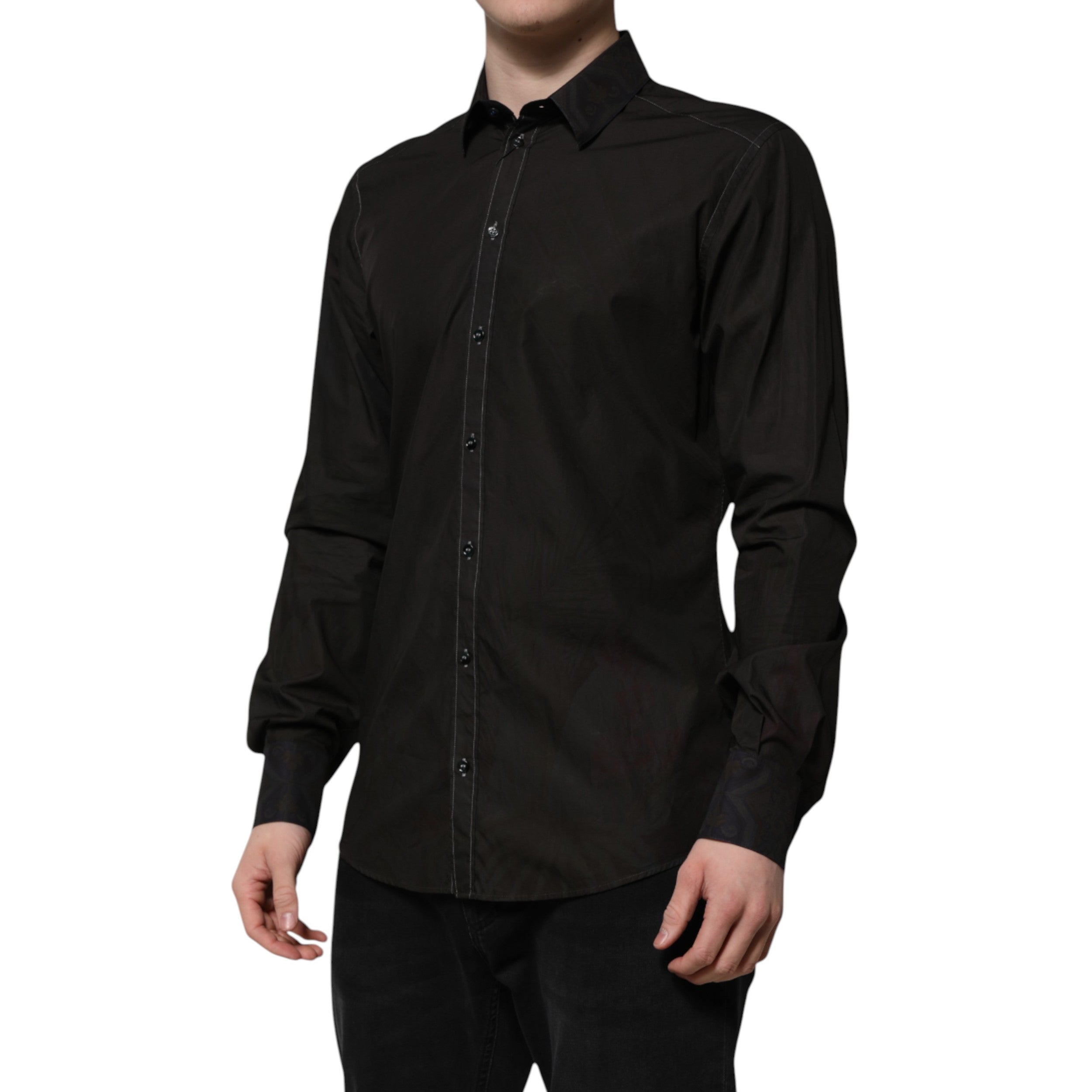 Dolce & Gabbana Black Cotton Jacquard Shirt with Gold Collar-3