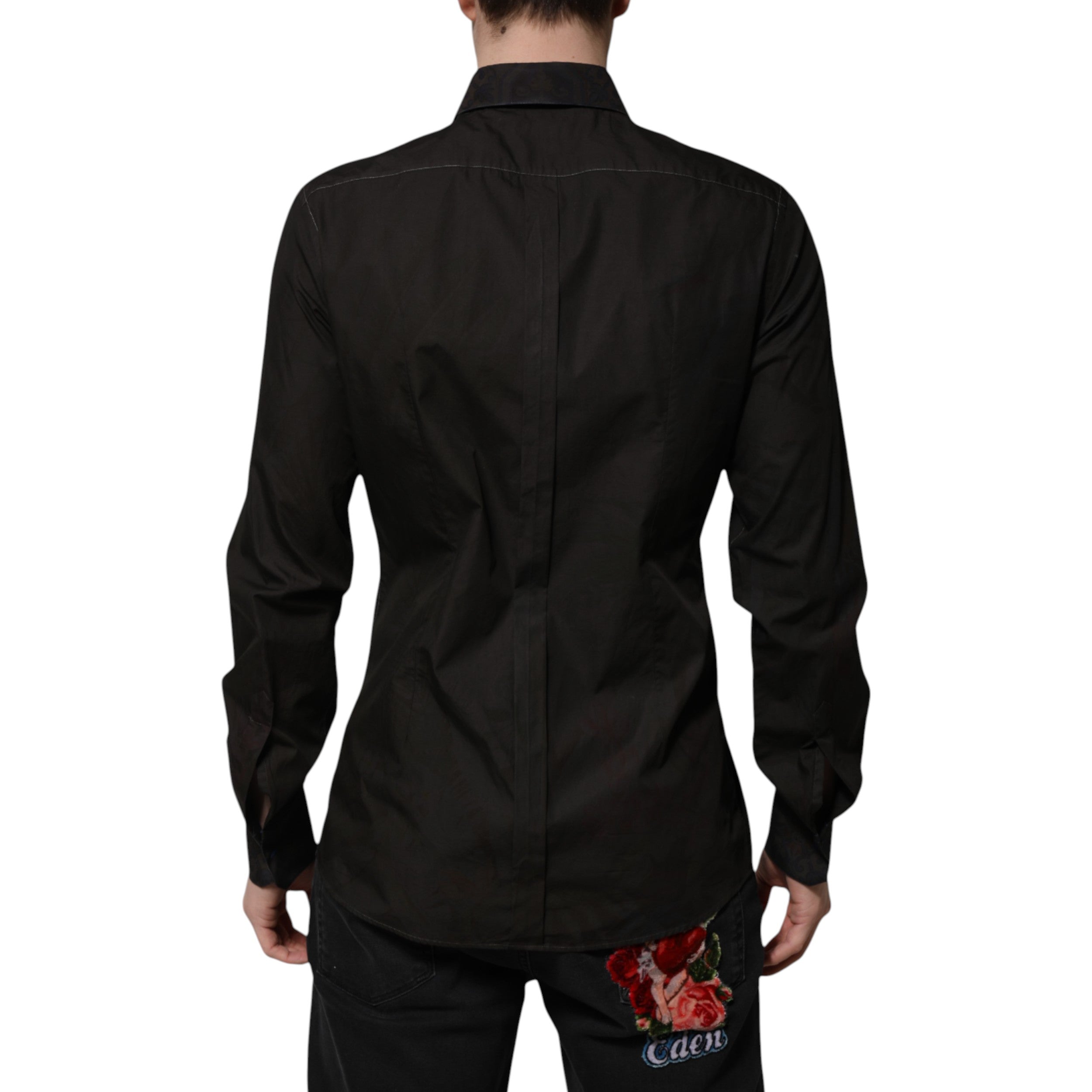 Dolce & Gabbana Black Cotton Jacquard Shirt with Gold Collar-4