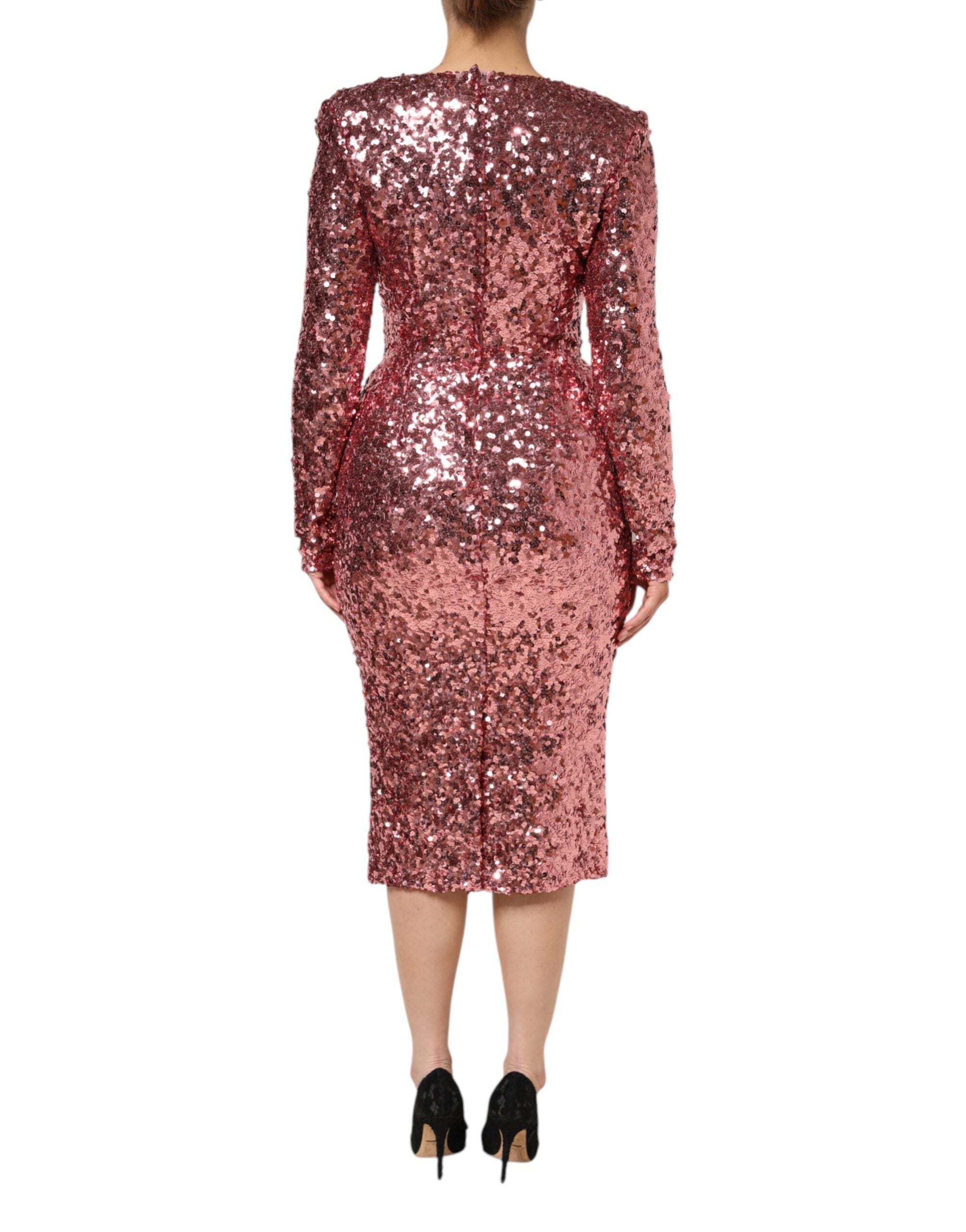 Dolce & Gabbana Rosa Pailletten Statement Nylon Midi Kleid mit V-Ausschnitt-4