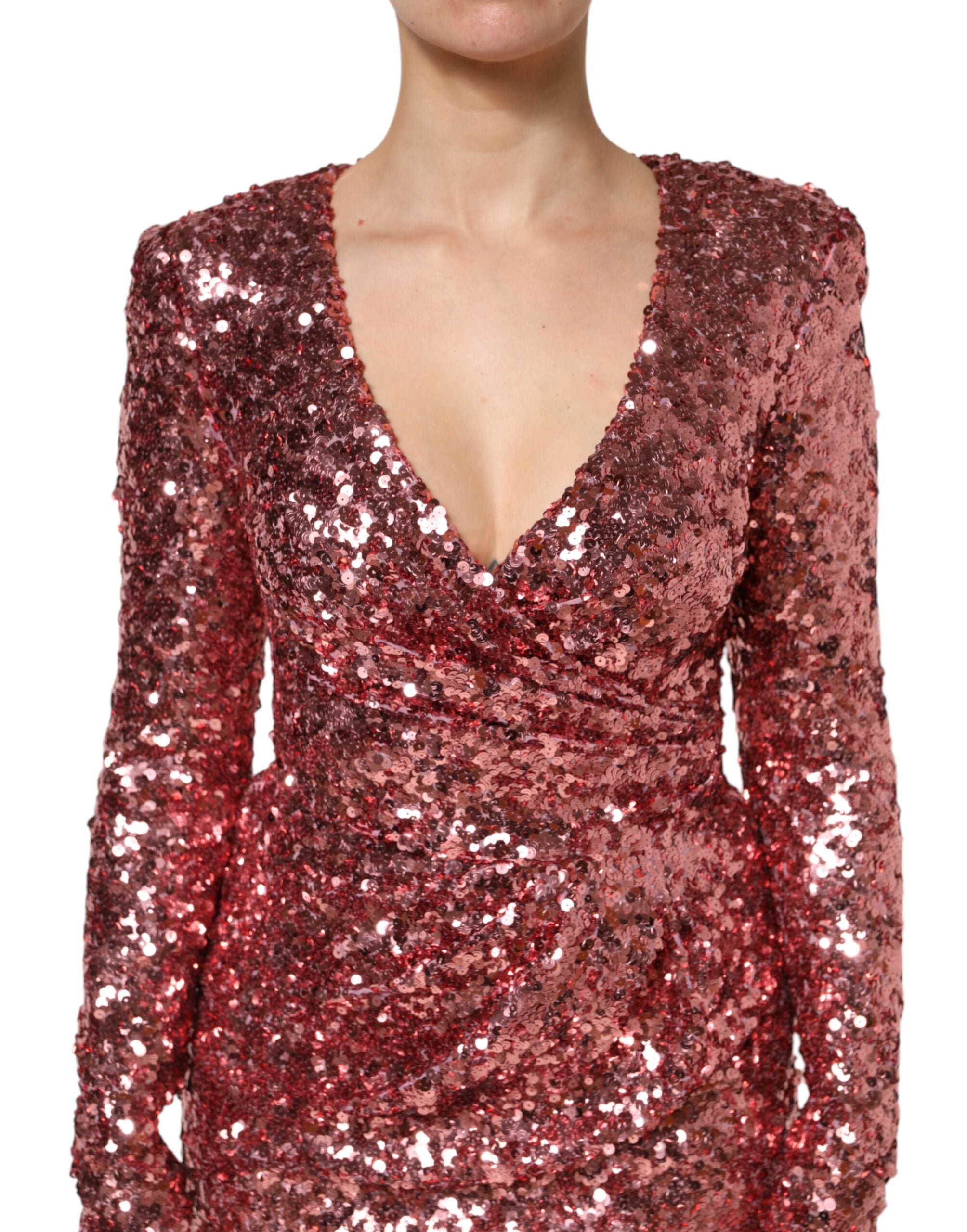 Dolce & Gabbana Rosa Pailletten Statement Nylon Midi Kleid mit V-Ausschnitt-5