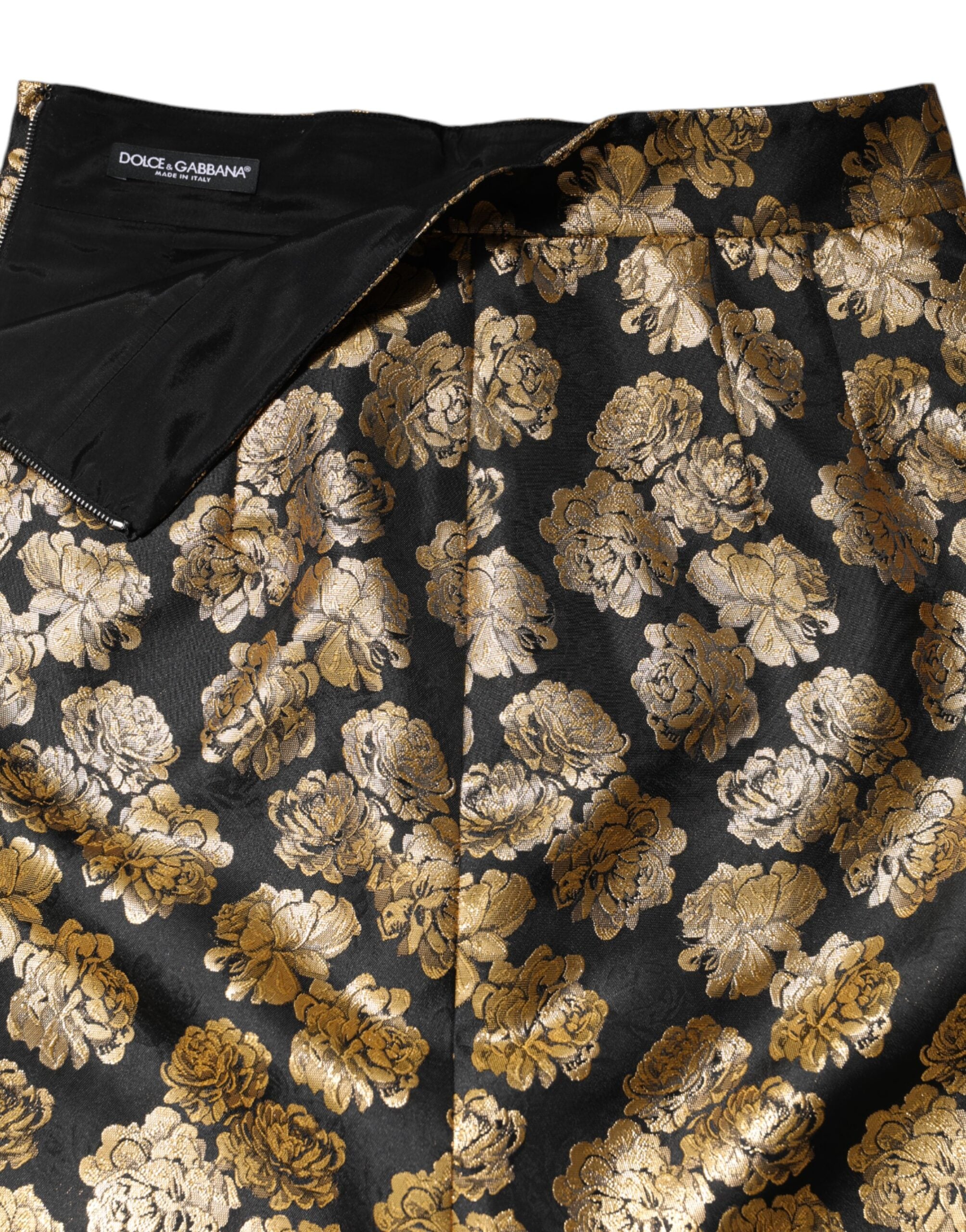 Dolce & Gabbana Schwarzgoldener Jacquard-Minirock mit Blumendruck-6