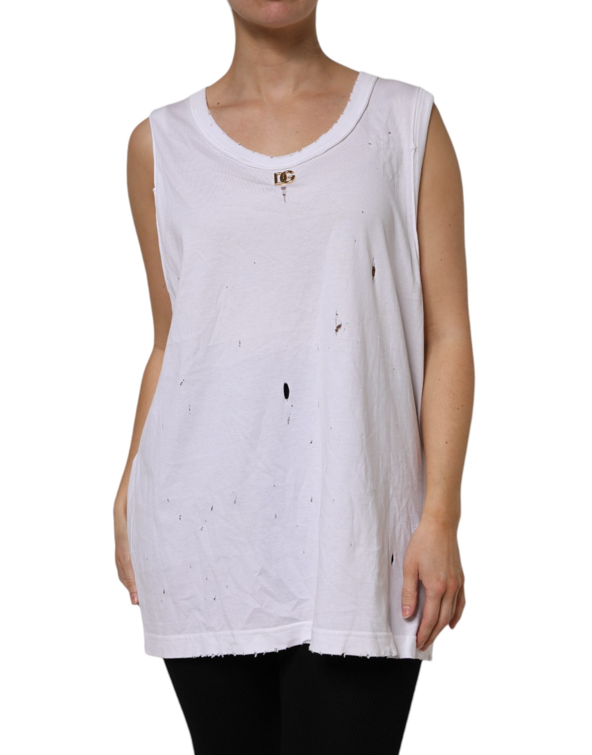 Dolce & Gabbana Top de algodón blanco sin mangas con cuello redondo-2