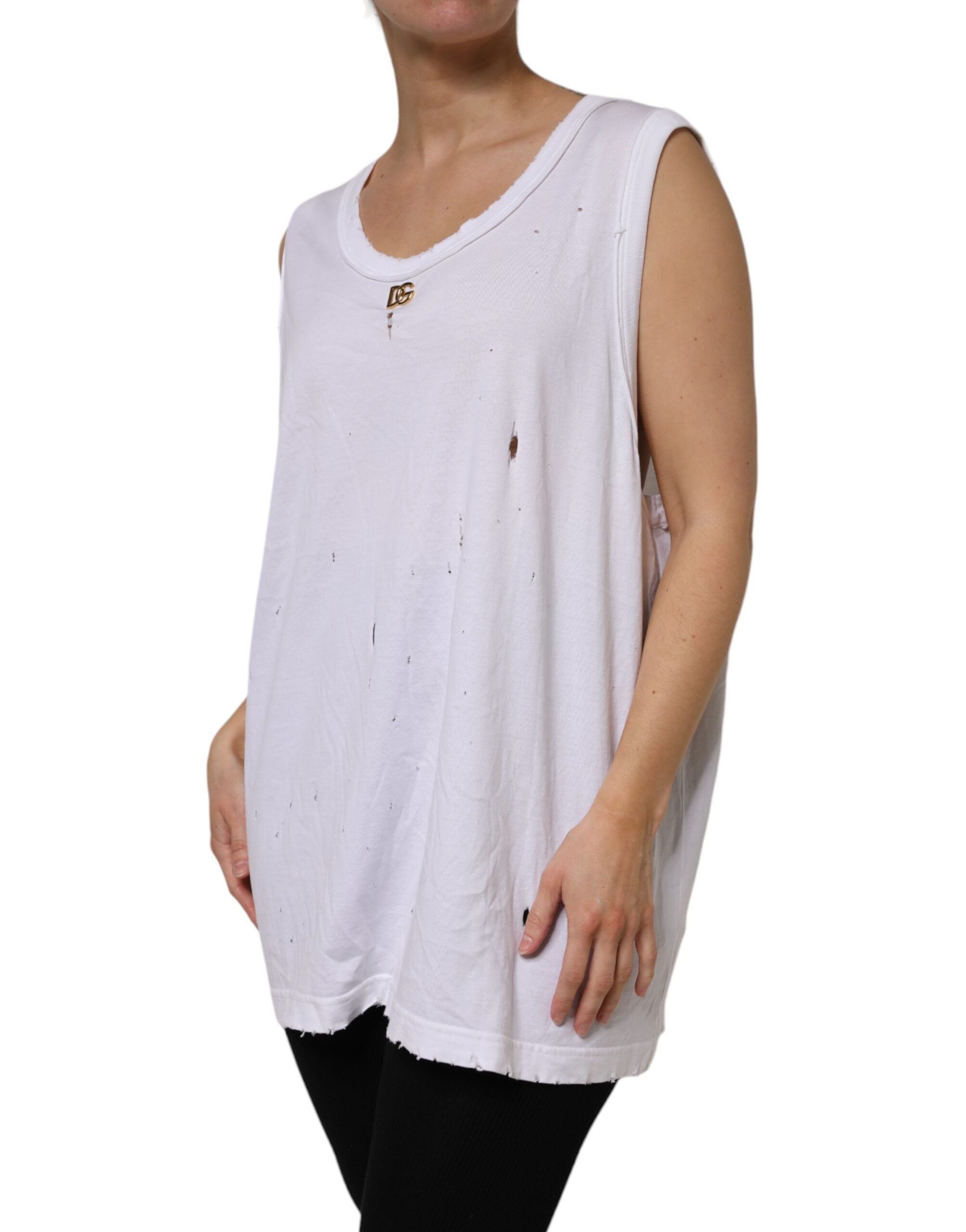 Dolce & Gabbana Top de algodón blanco sin mangas con cuello redondo-3