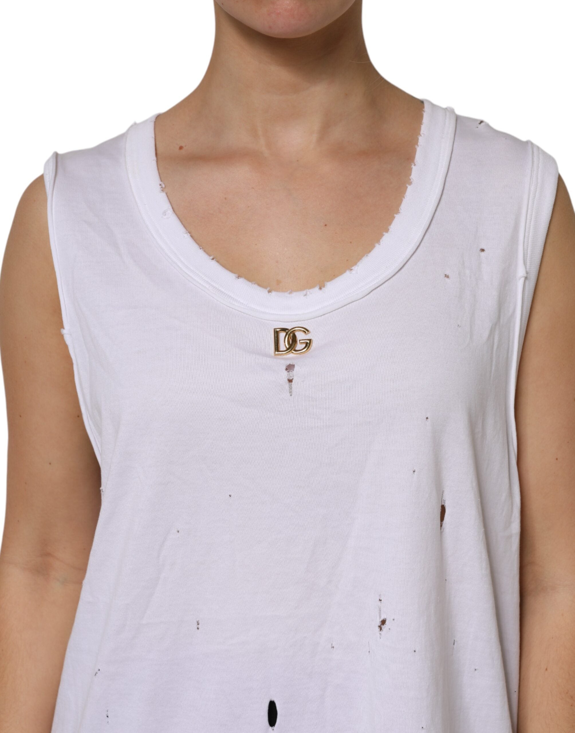 Dolce & Gabbana Top de algodón blanco sin mangas con cuello redondo-5