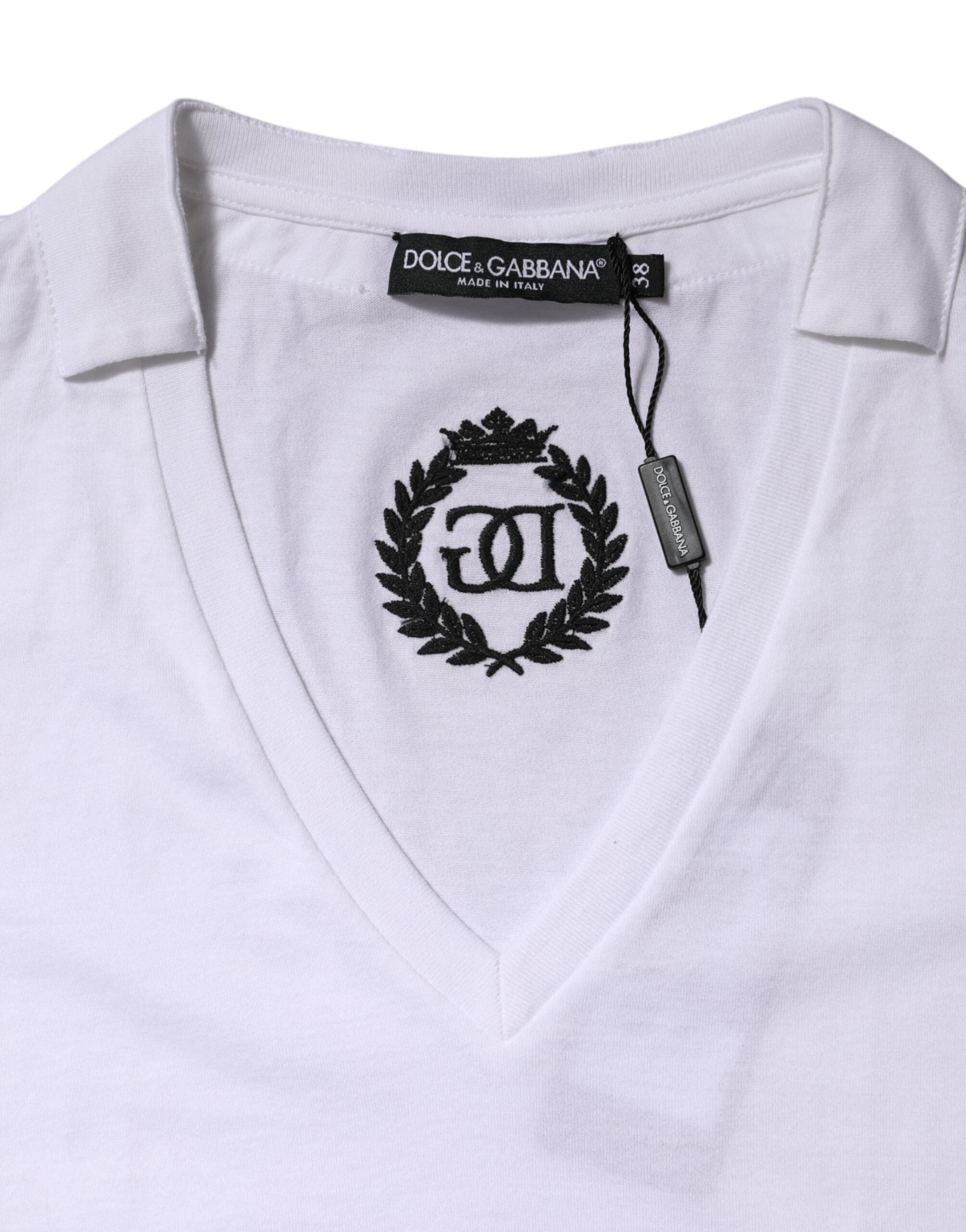 Dolce & Gabbana Weißes Baumwoll-T-Shirt mit kurzen Ärmeln und V-Ausschnitt-6