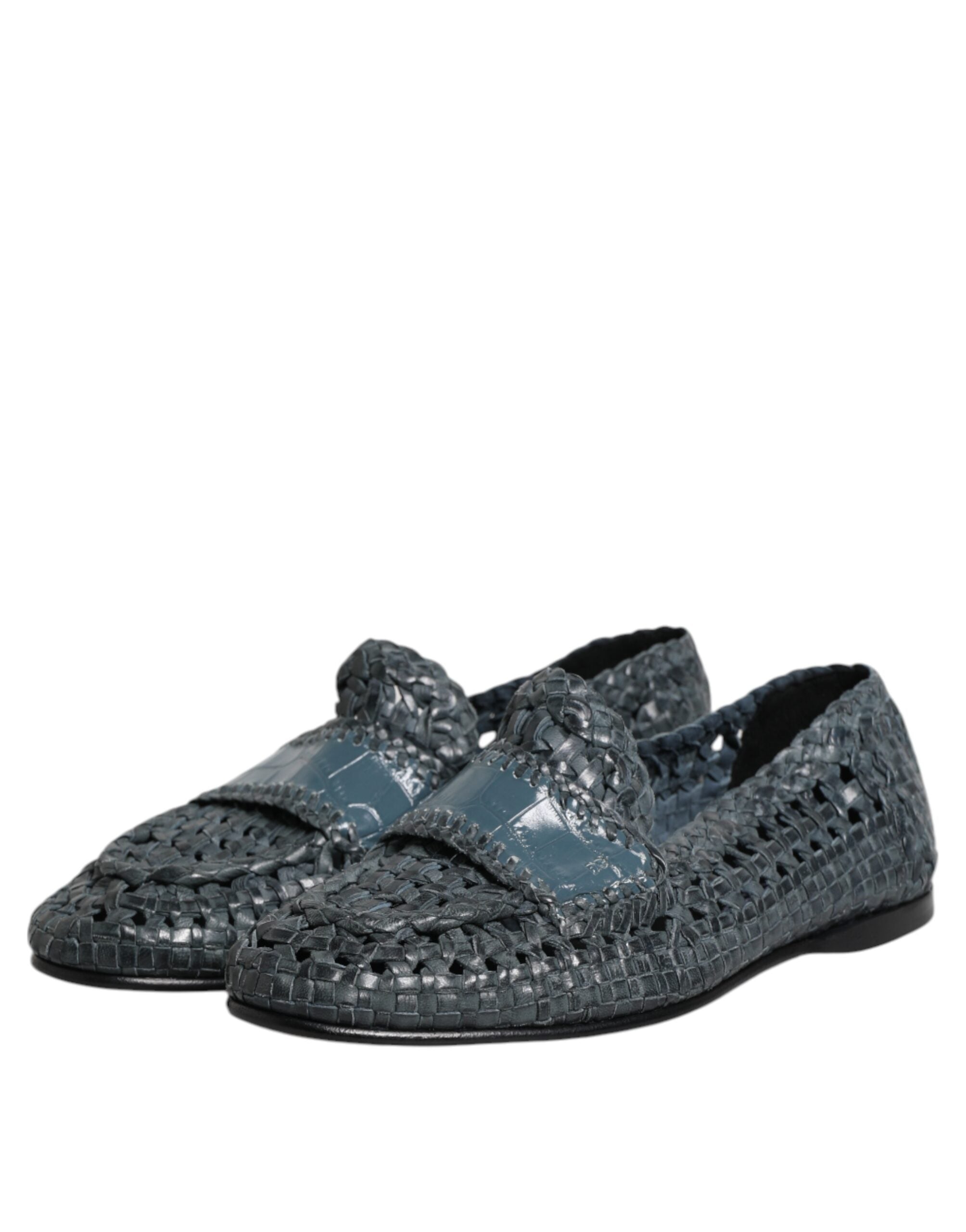 Dolce & Gabbana Blaue gewebte Leder Slipper Schuhe-4