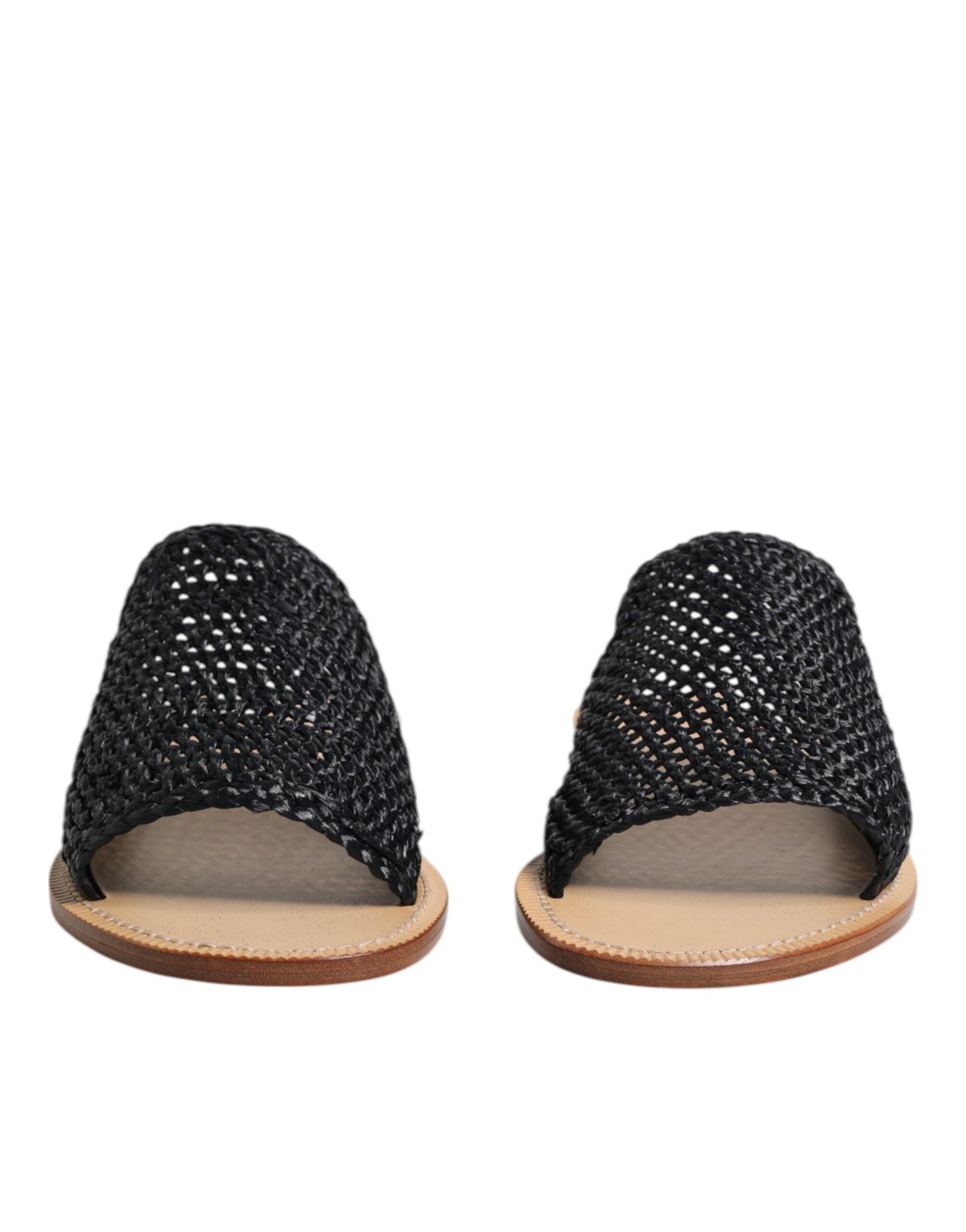 Dolce & Gabbana Black Monochrome Braided Raffia Slides Shoes-2