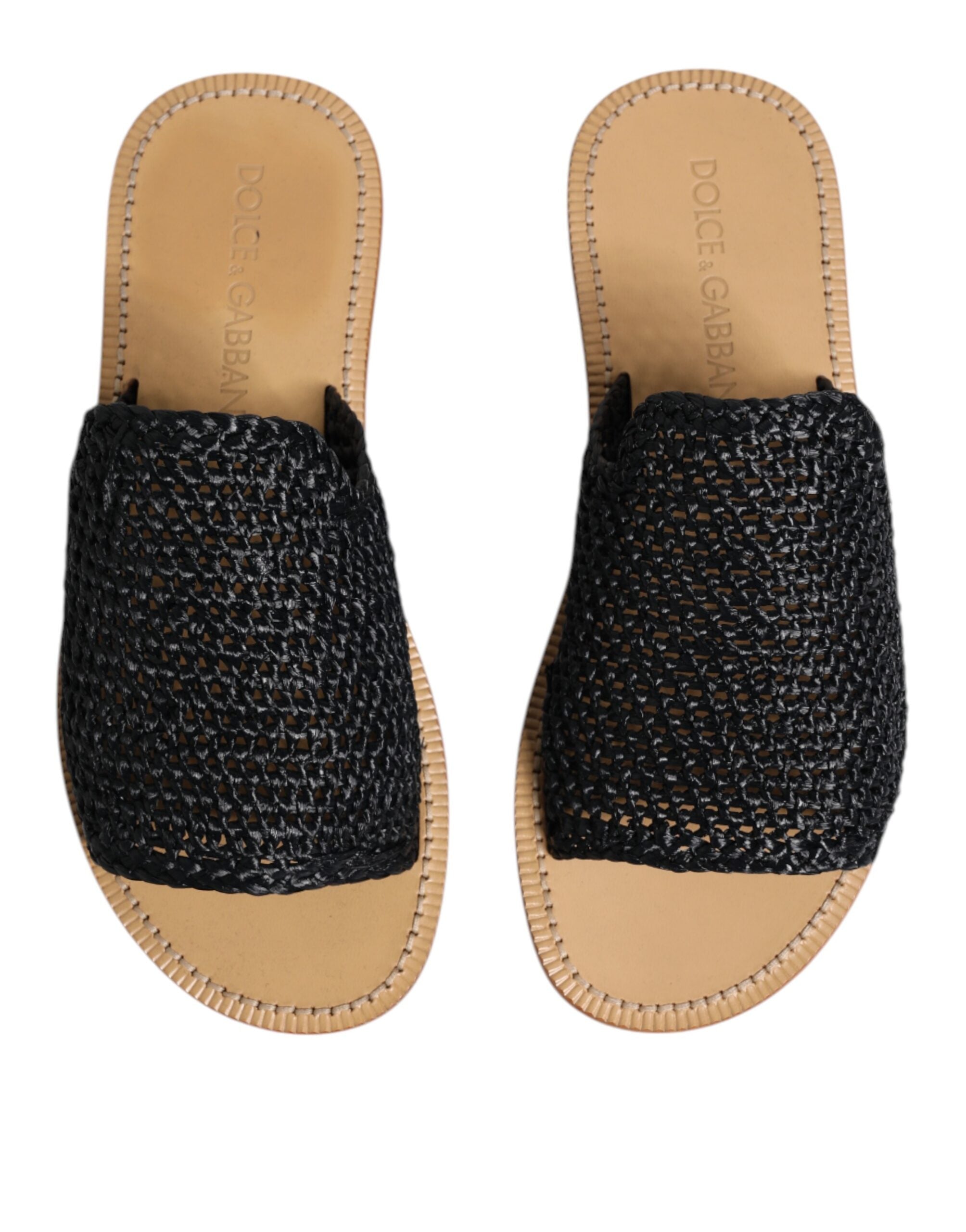 Dolce & Gabbana Black Monochrome Braided Raffia Slides Shoes-3