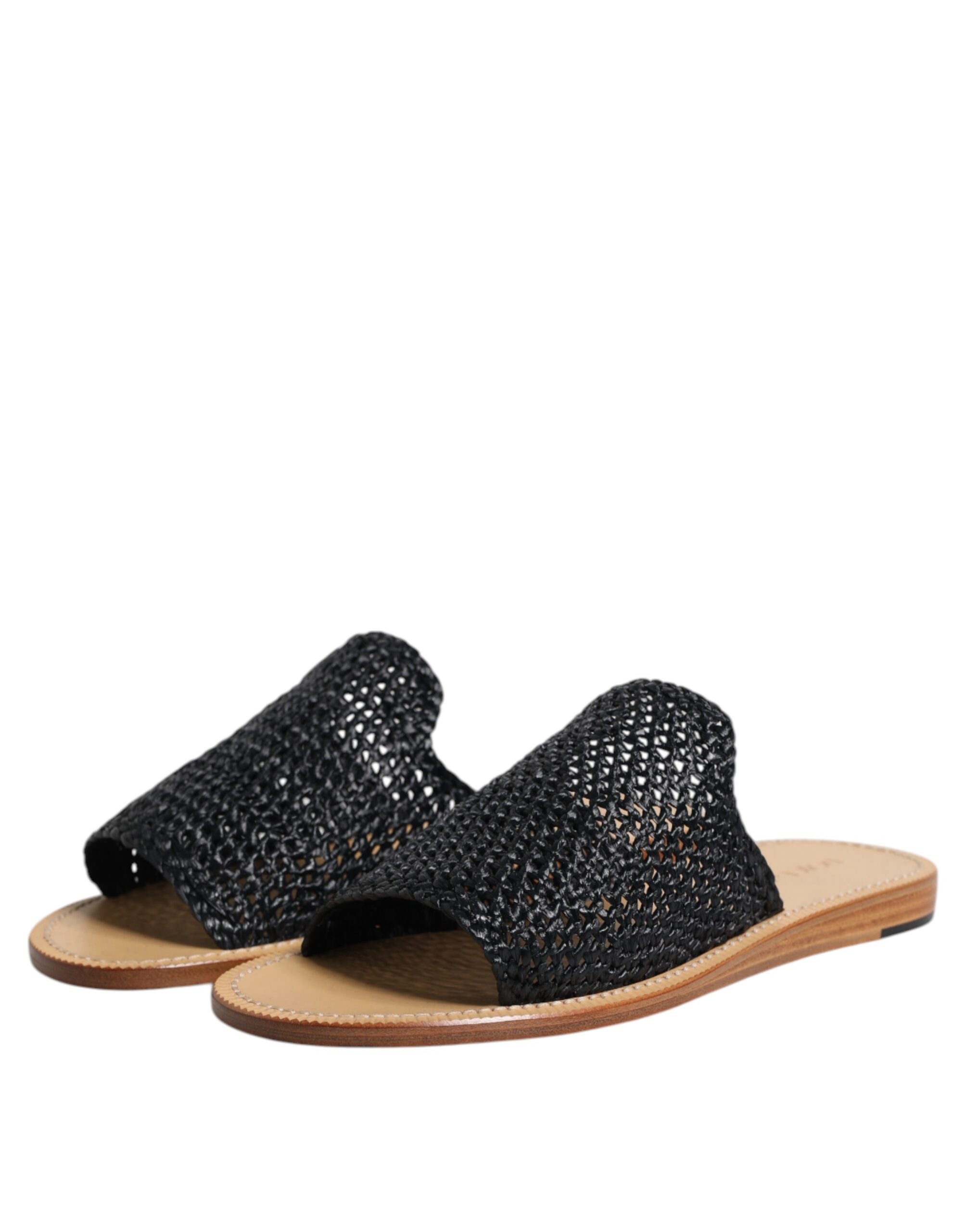 Dolce & Gabbana Black Monochrome Braided Raffia Slides Shoes-4