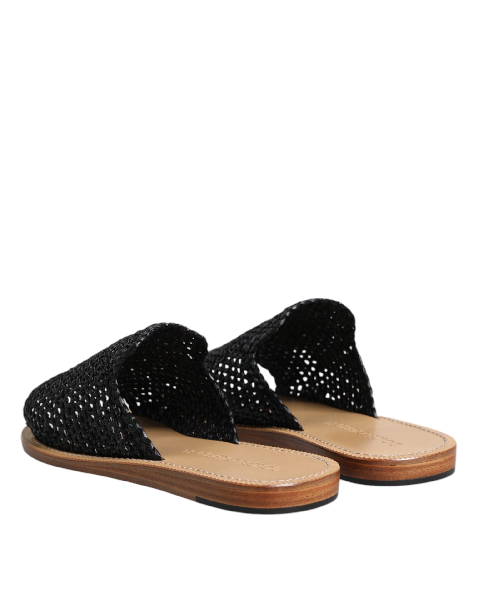 Dolce & Gabbana Black Monochrome Braided Raffia Slides Shoes-5