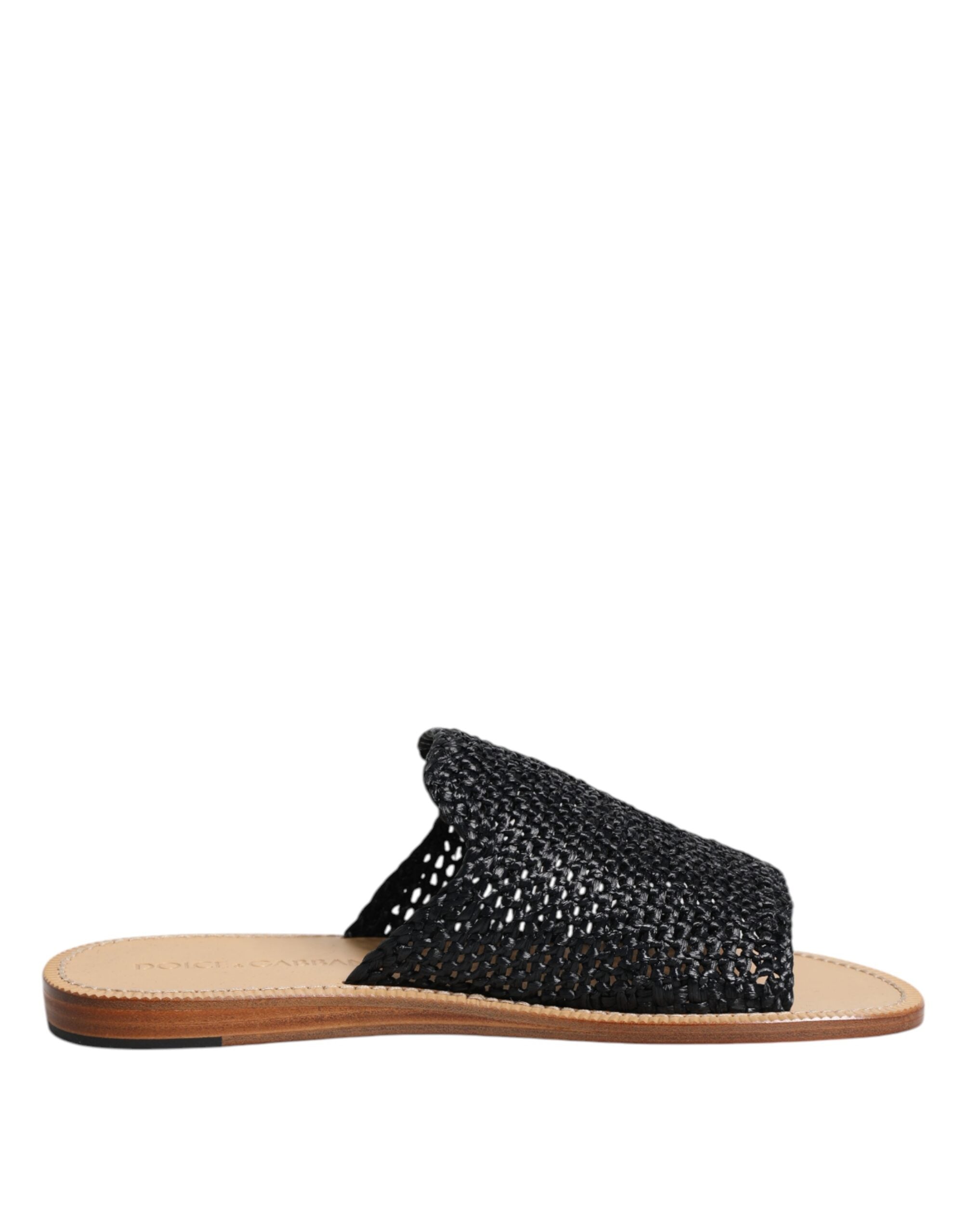 Dolce & Gabbana Black Monochrome Braided Raffia Slides Shoes-1