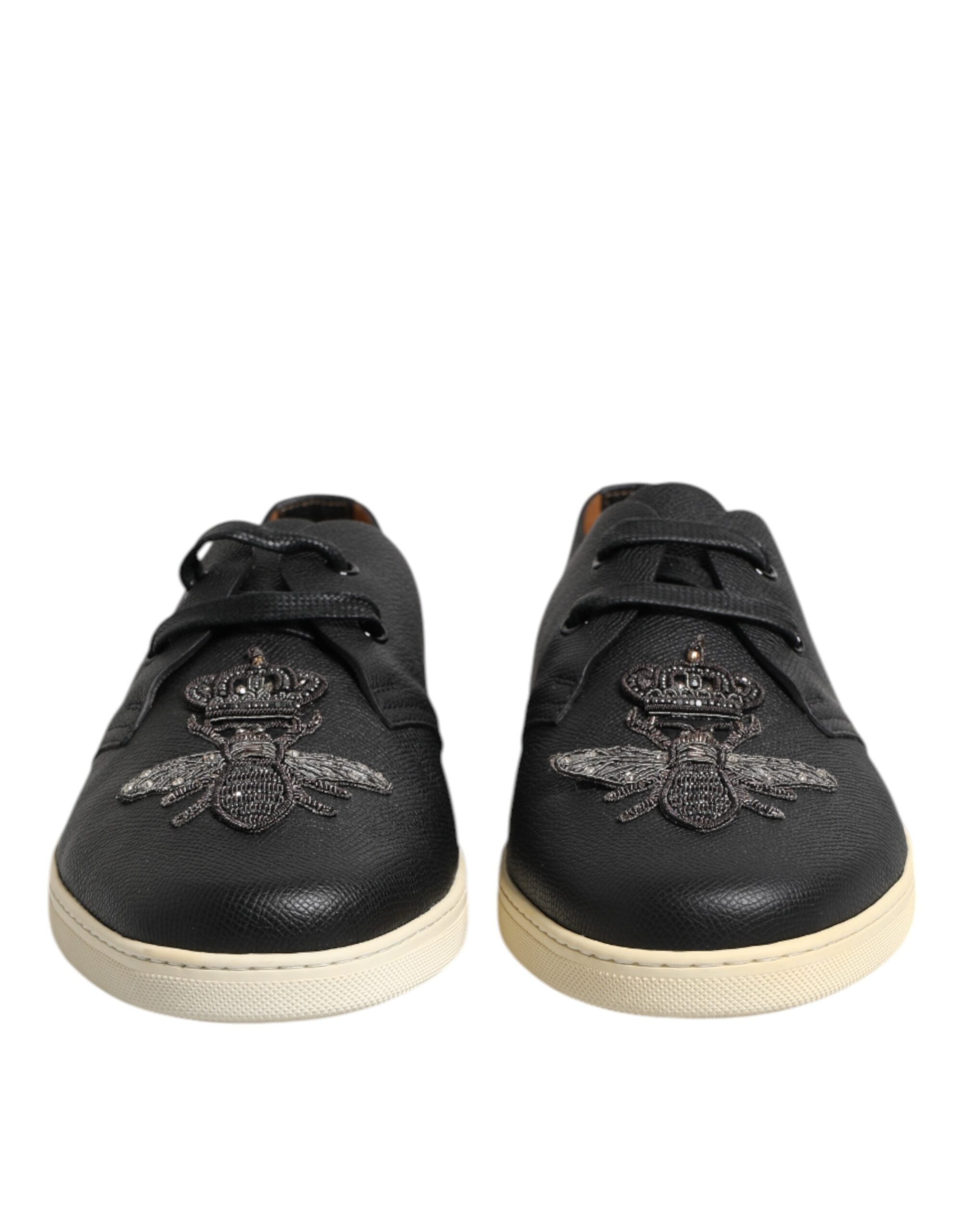 Dolce & Gabbana Black Leather Bee Crown Low Top Sneakers Shoes-2