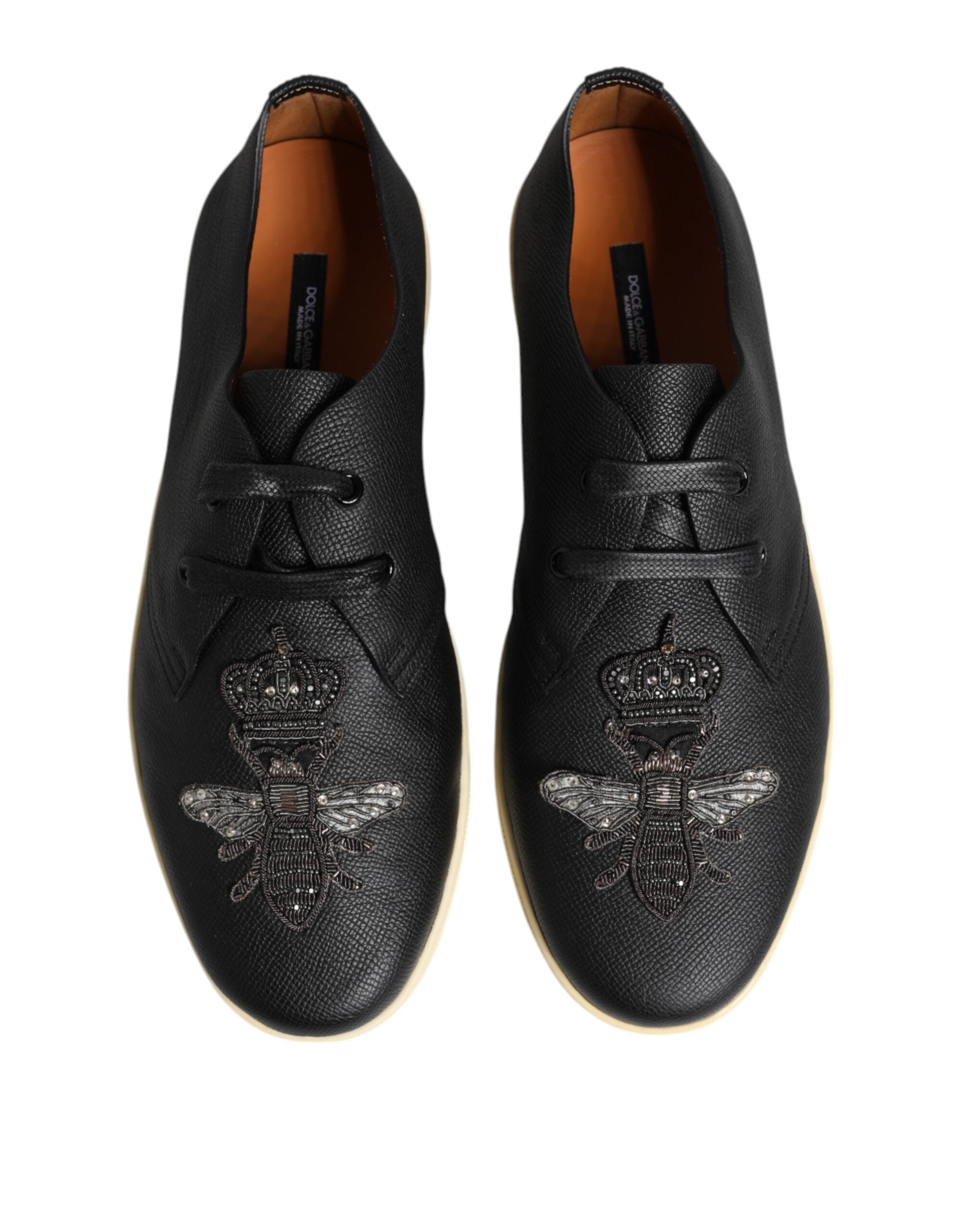 Dolce & Gabbana Black Leather Bee Crown Low Top Sneakers Shoes-3
