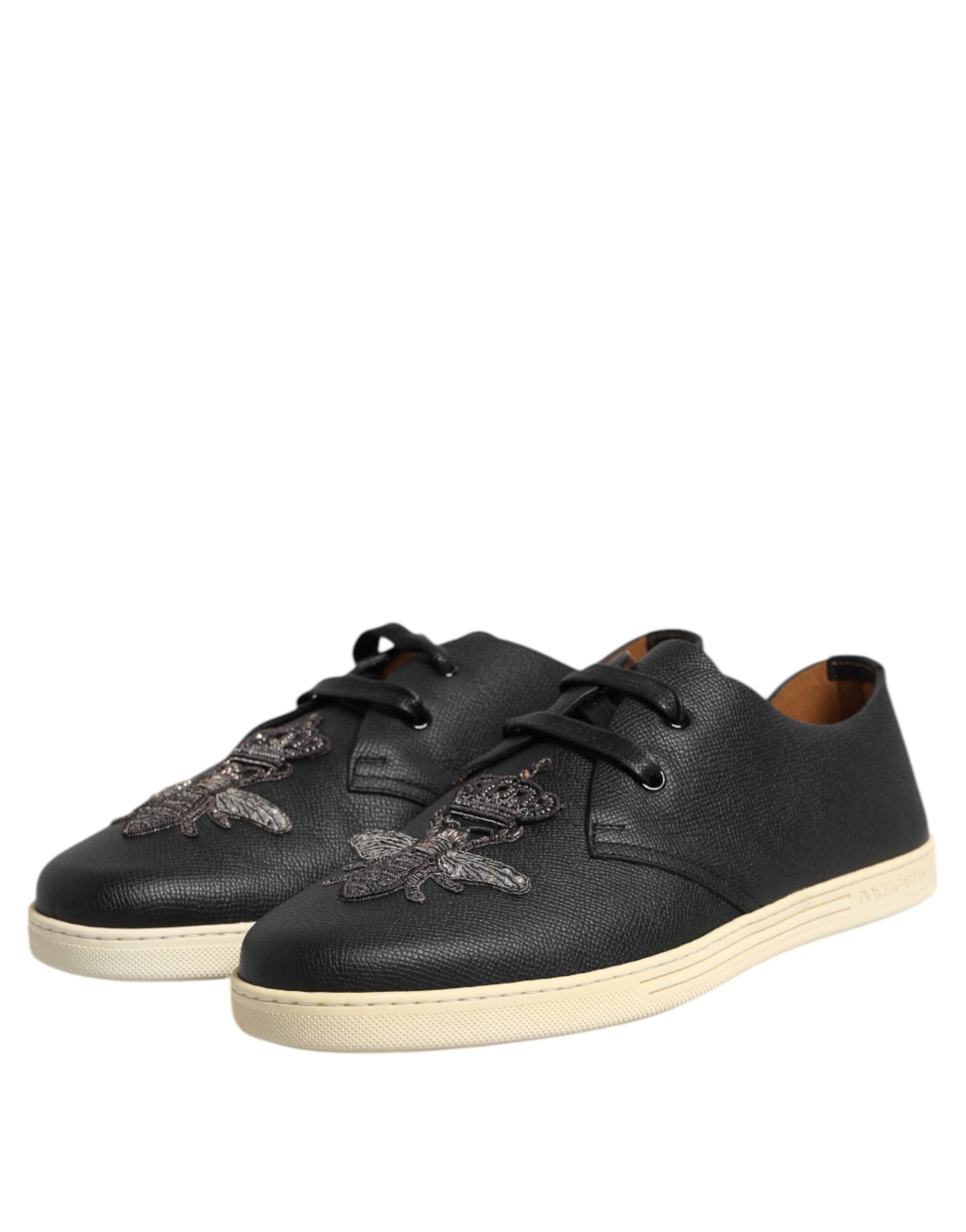 Dolce & Gabbana Black Leather Bee Crown Low Top Sneakers Shoes-4