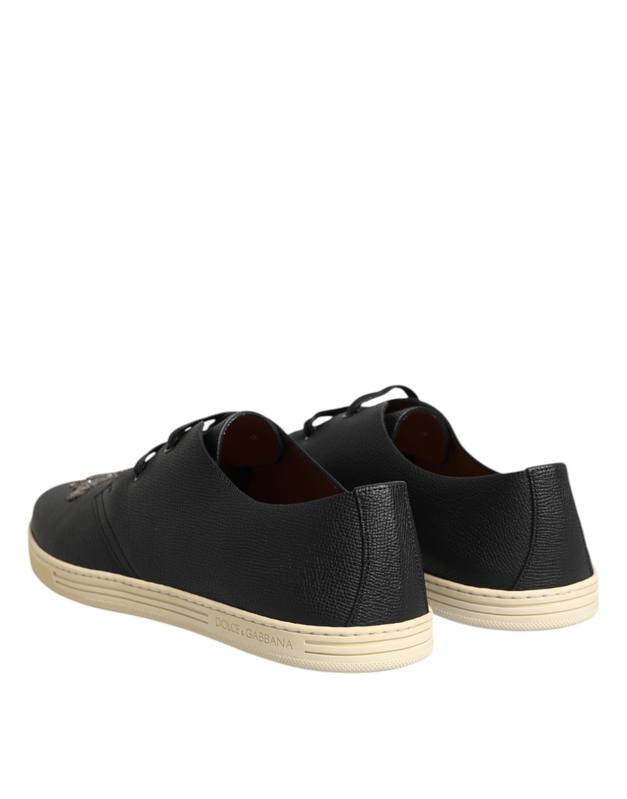 Dolce & Gabbana Black Leather Bee Crown Low Top Sneakers Shoes-5