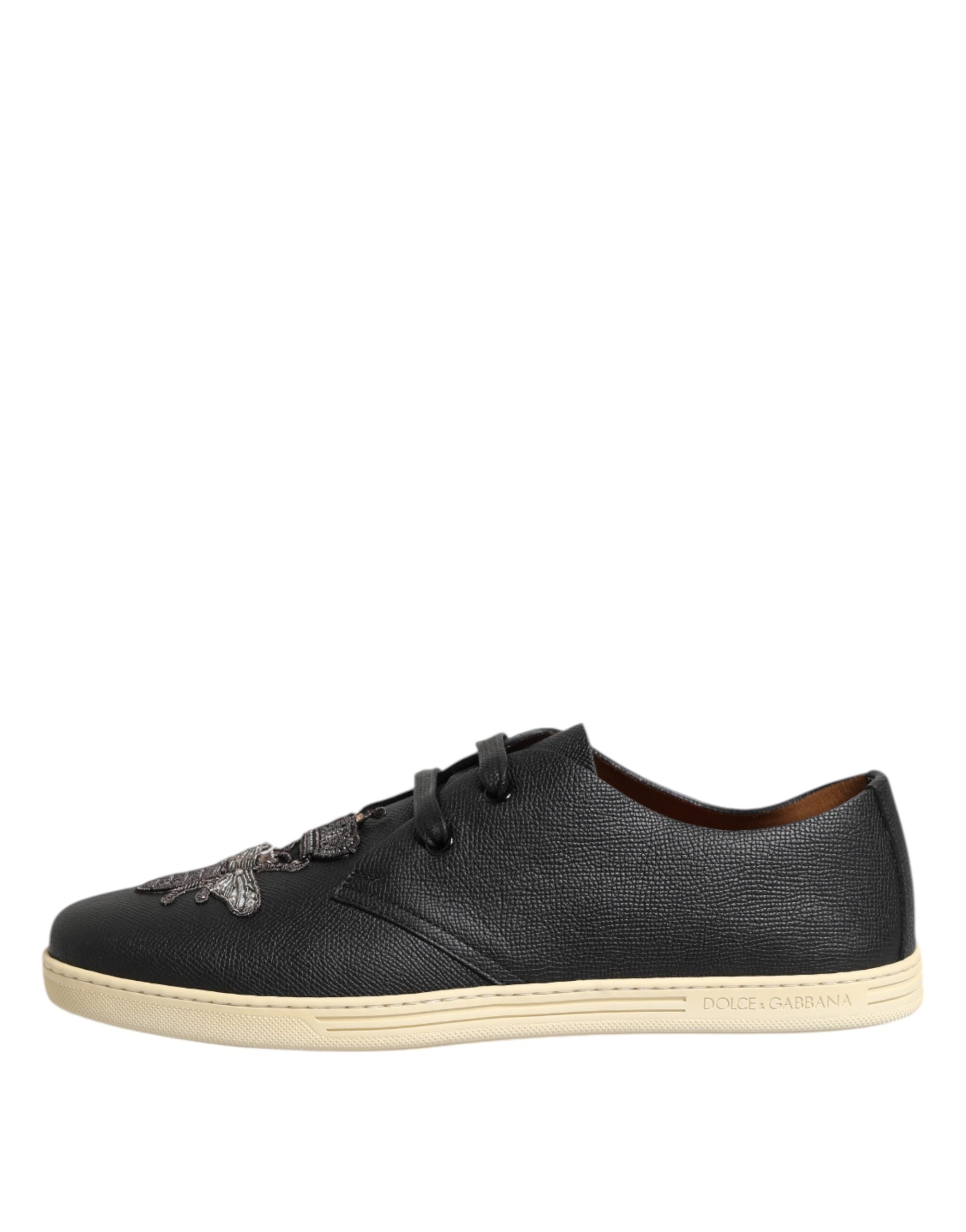 Dolce & Gabbana Black Leather Bee Crown Low Top Sneakers Shoes-6