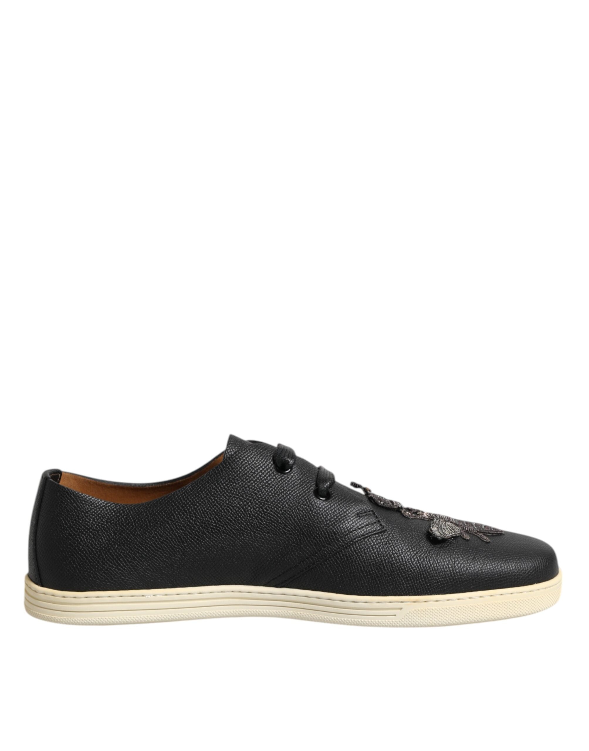 Dolce & Gabbana Black Leather Bee Crown Low Top Sneakers Shoes-7