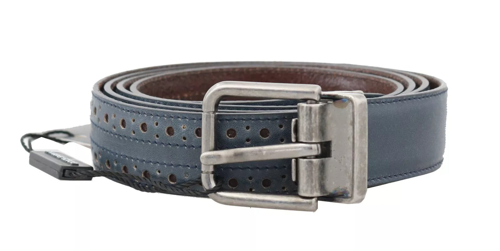 Dolce & Gabbana Blauer perforierter Ledergürtel mit grauer Schnalle-1