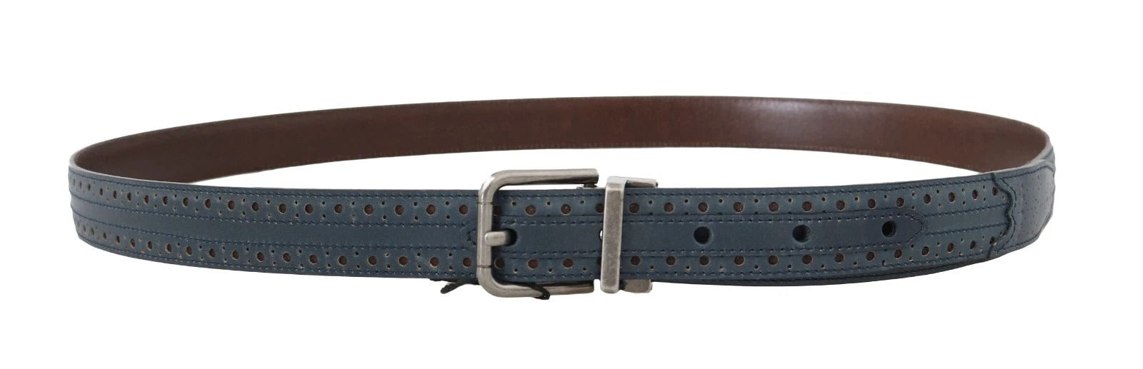 Dolce & Gabbana Blauer perforierter Ledergürtel mit grauer Schnalle-5