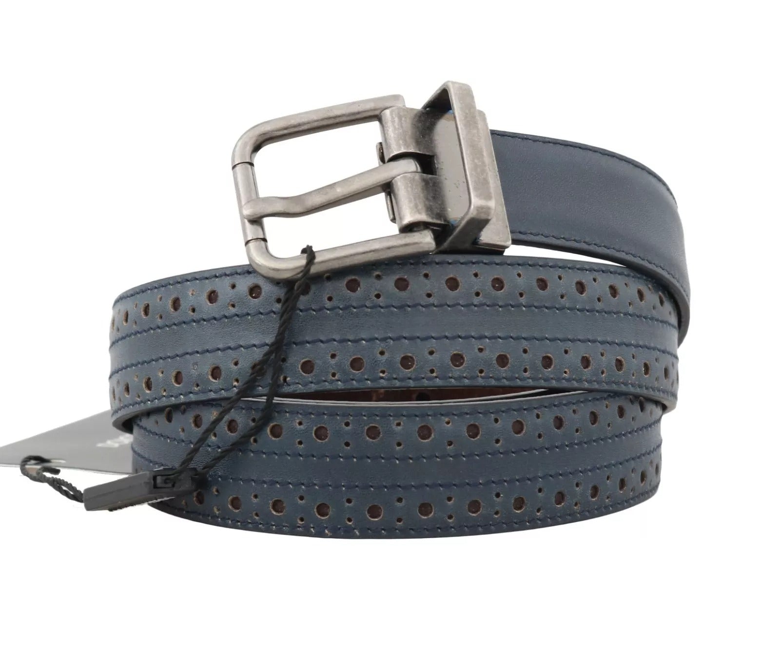 Dolce & Gabbana Blauer perforierter Ledergürtel mit grauer Schnalle-6