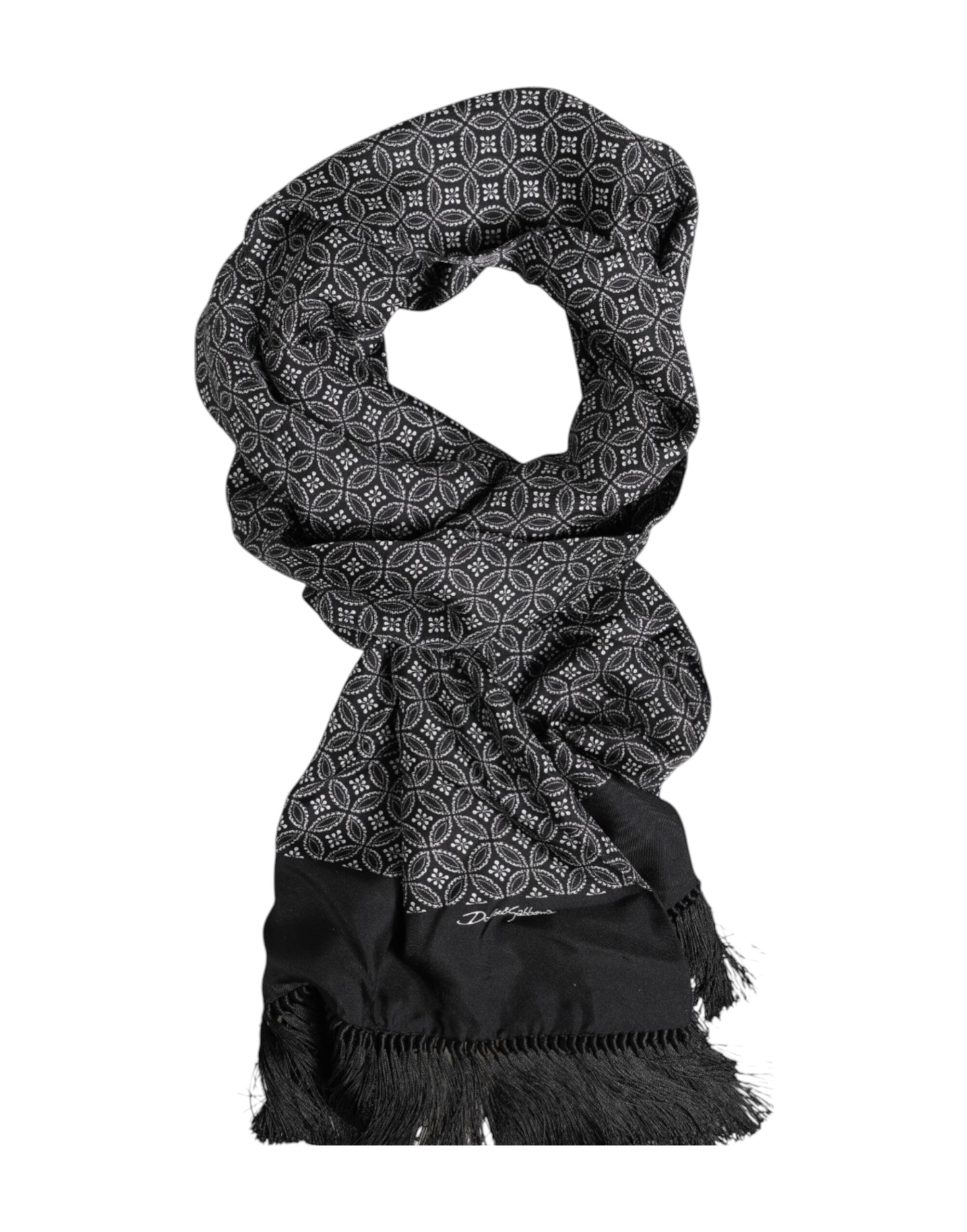 Dolce & Gabbana Black Patterned Fringe Men's Foulard Scarf-5