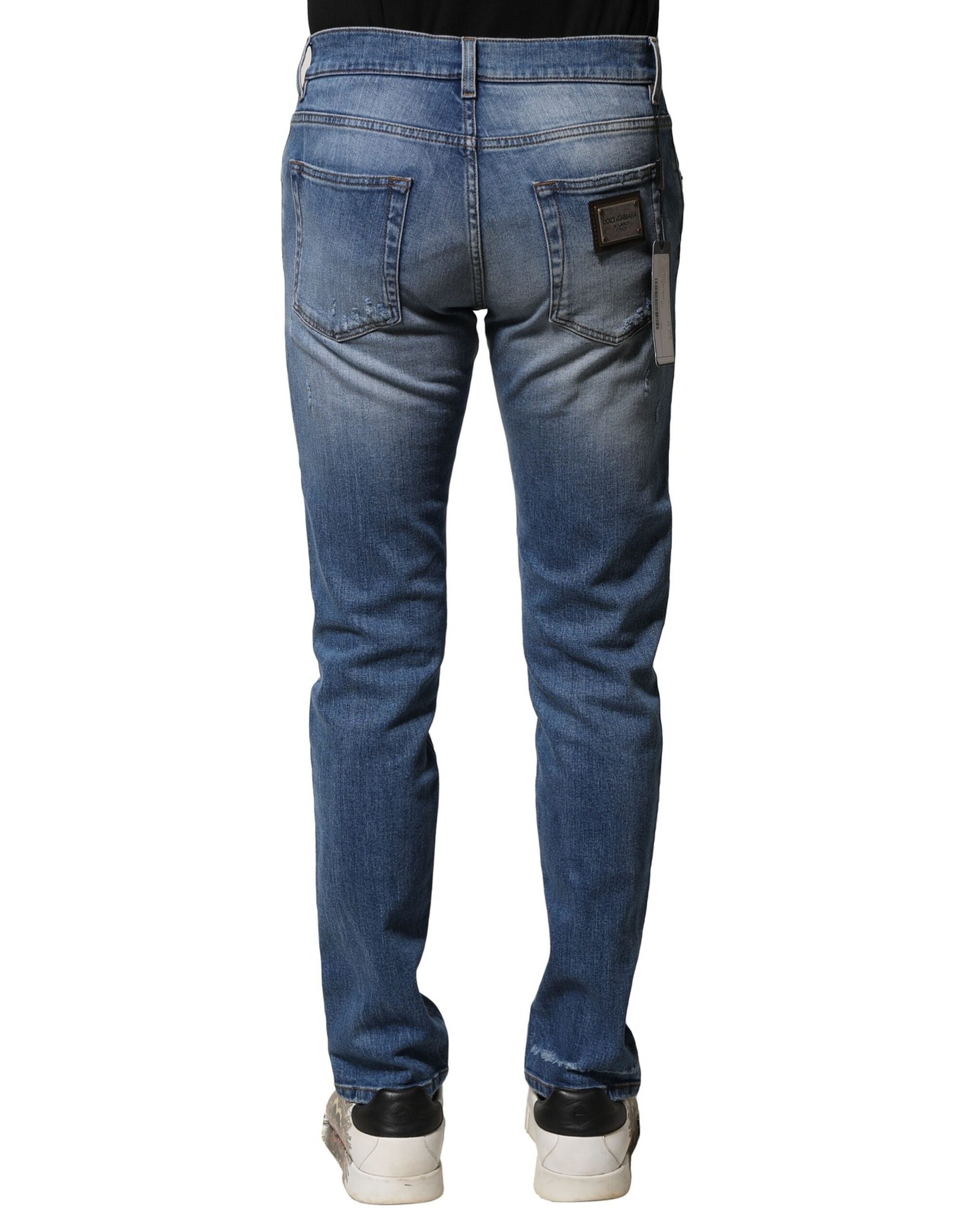 Vaqueros ajustados de algodón lavado azul de Dolce & Gabbana para hombre-4