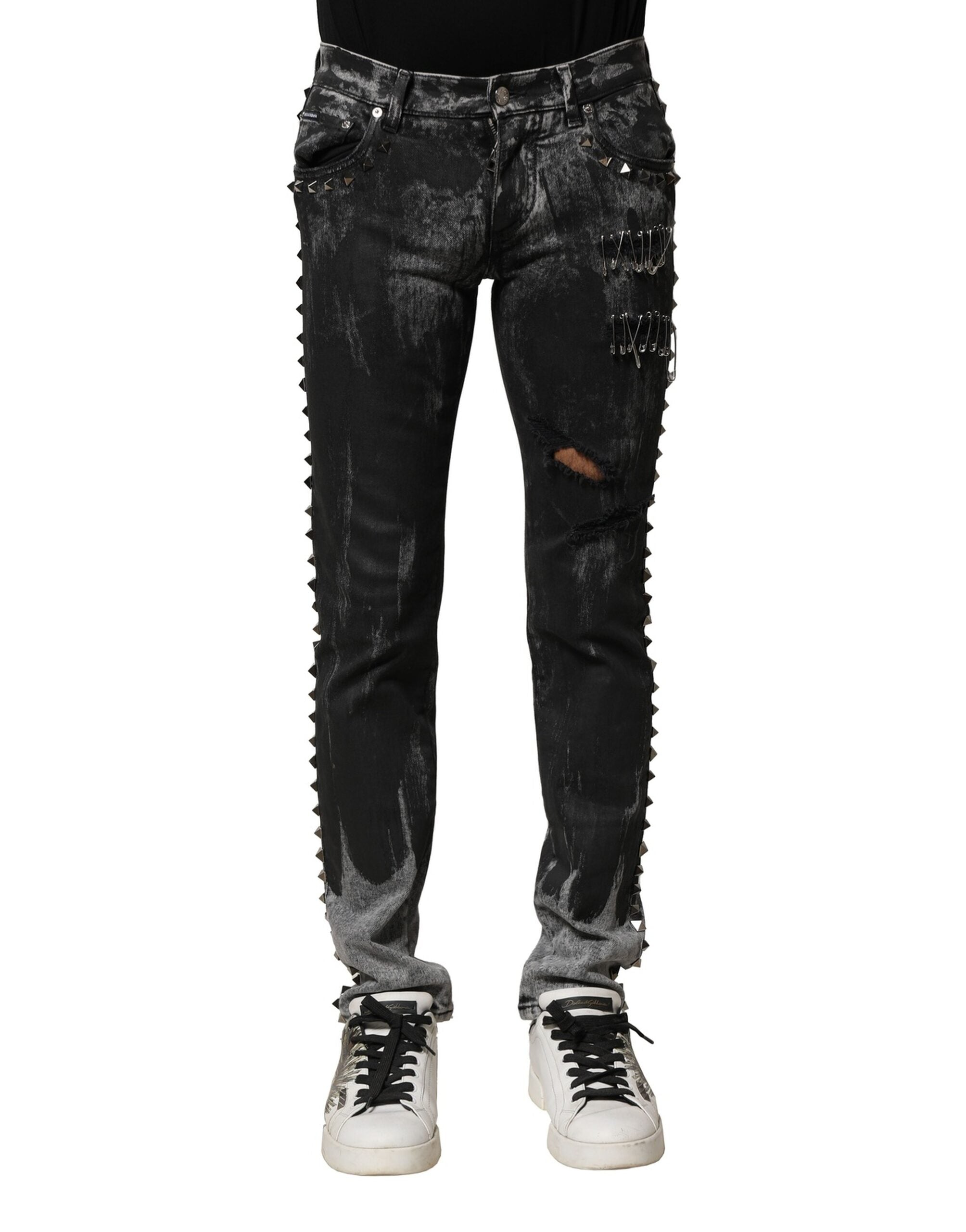 Dolce & Gabbana Schwarze, gewaschene, verzierte Skinny Denim Jeans-1