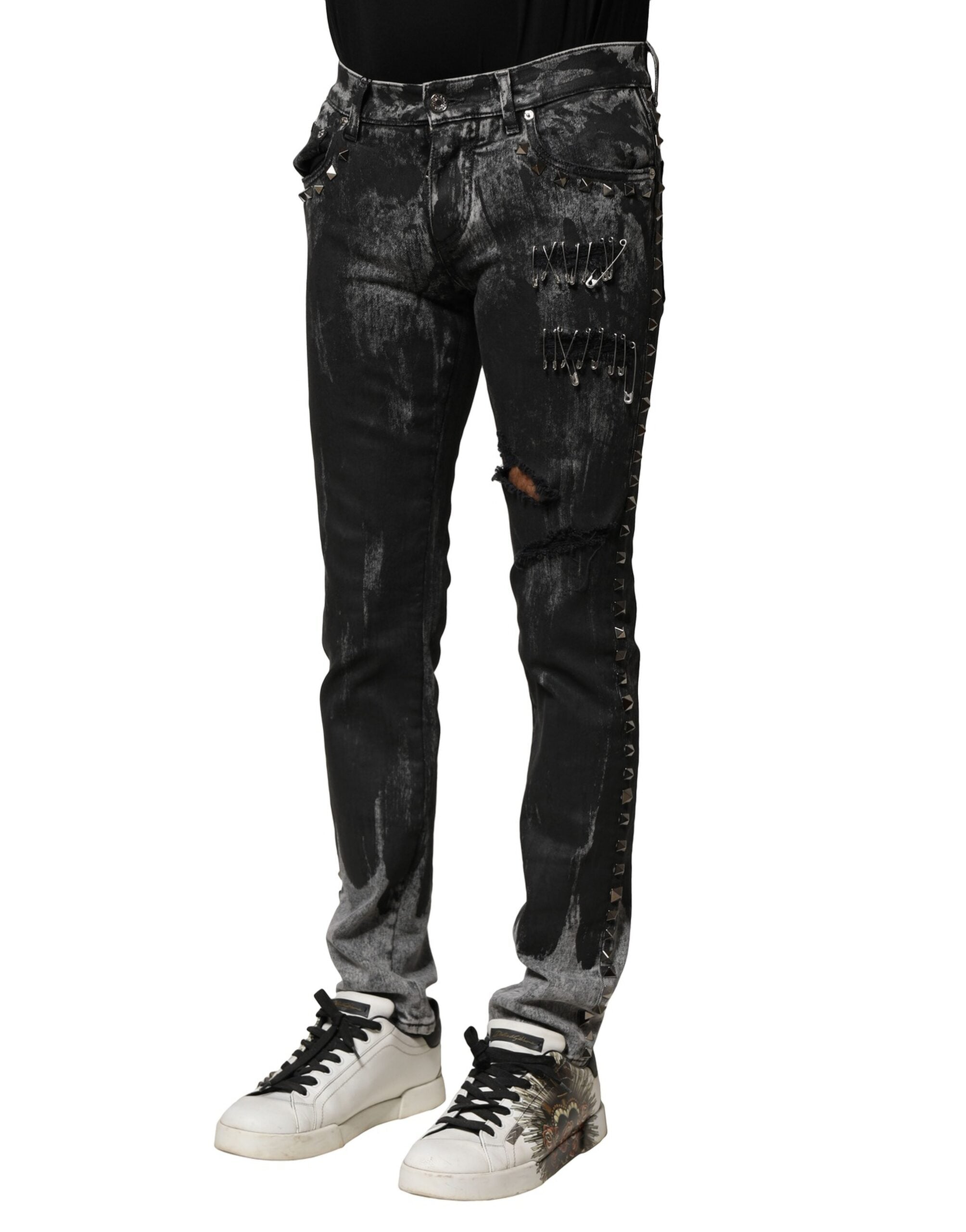 Dolce & Gabbana Schwarze, gewaschene, verzierte Skinny Denim Jeans-3