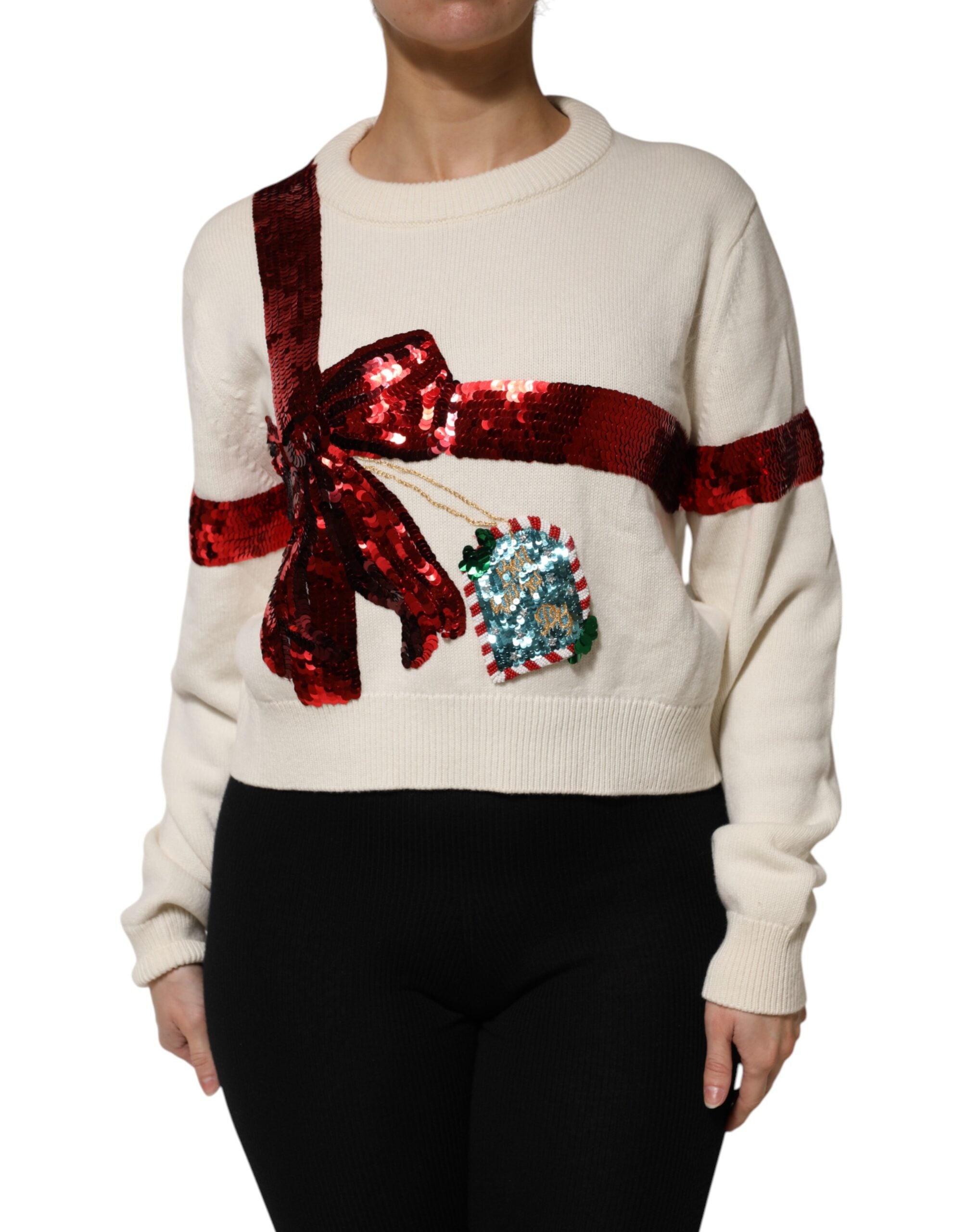 Suéter blanco de cuello redondo con lentejuelas de Dolce & Gabbana-1