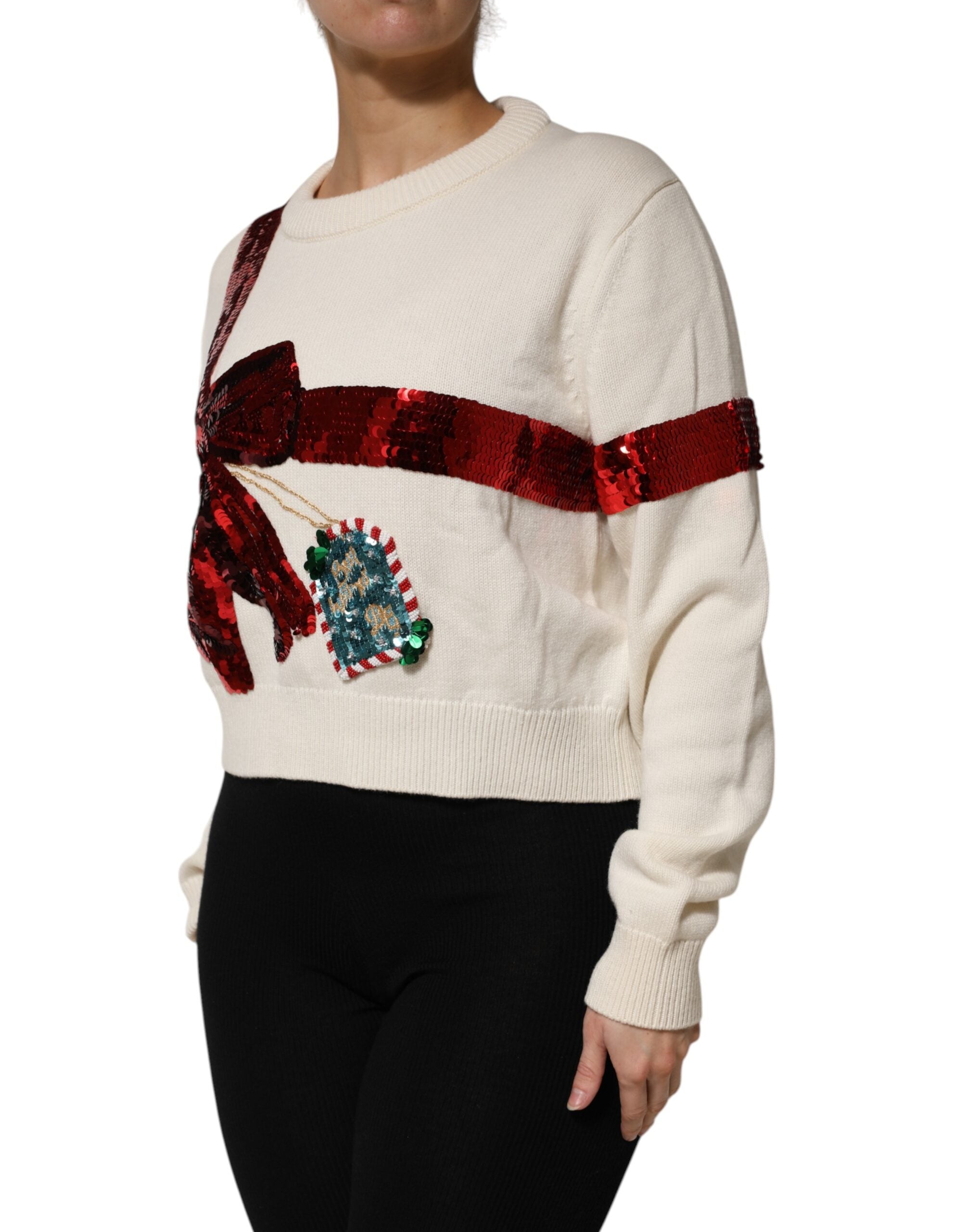 Suéter blanco de cuello redondo con lentejuelas de Dolce & Gabbana-3