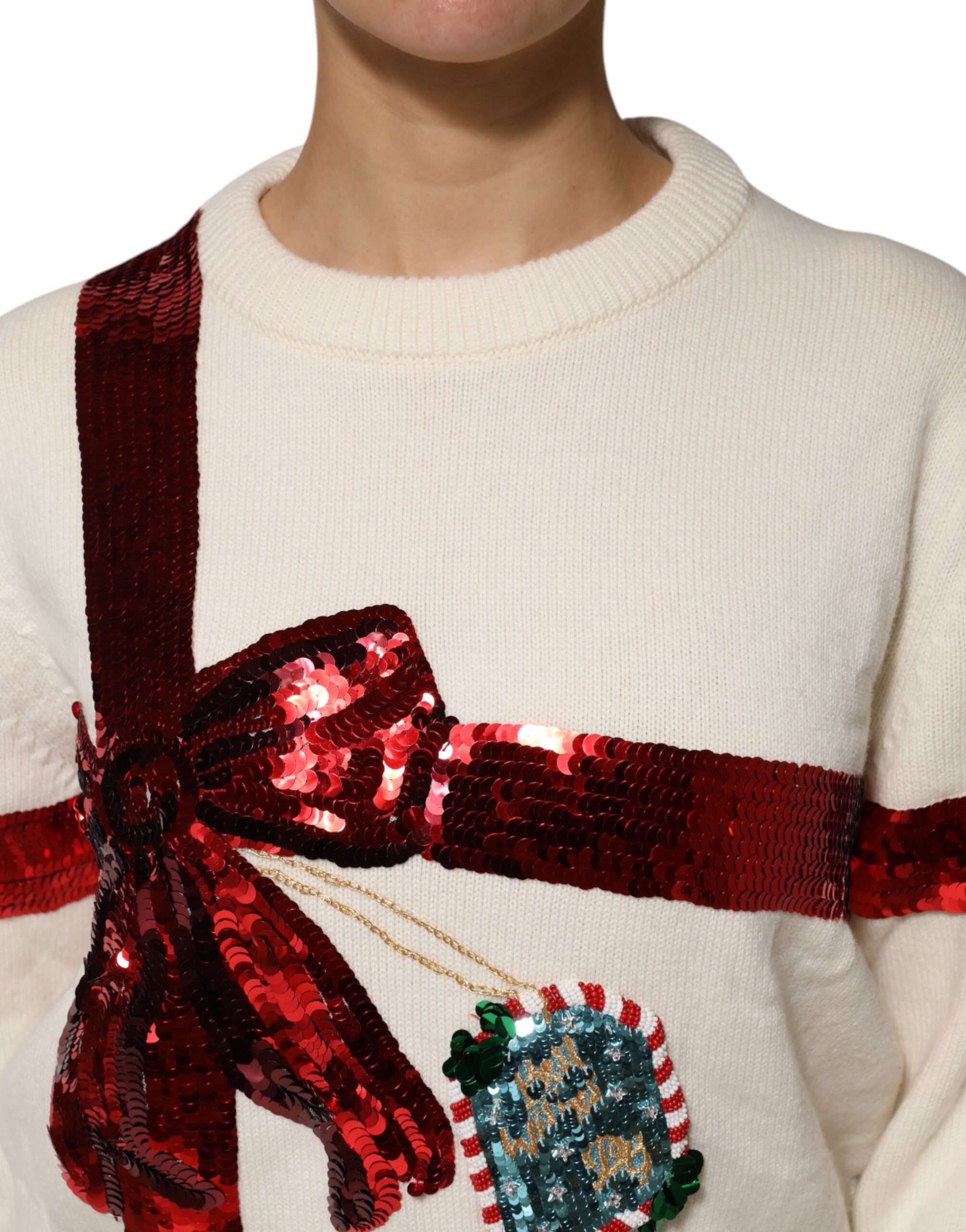 Suéter blanco de cuello redondo con lentejuelas de Dolce & Gabbana-5