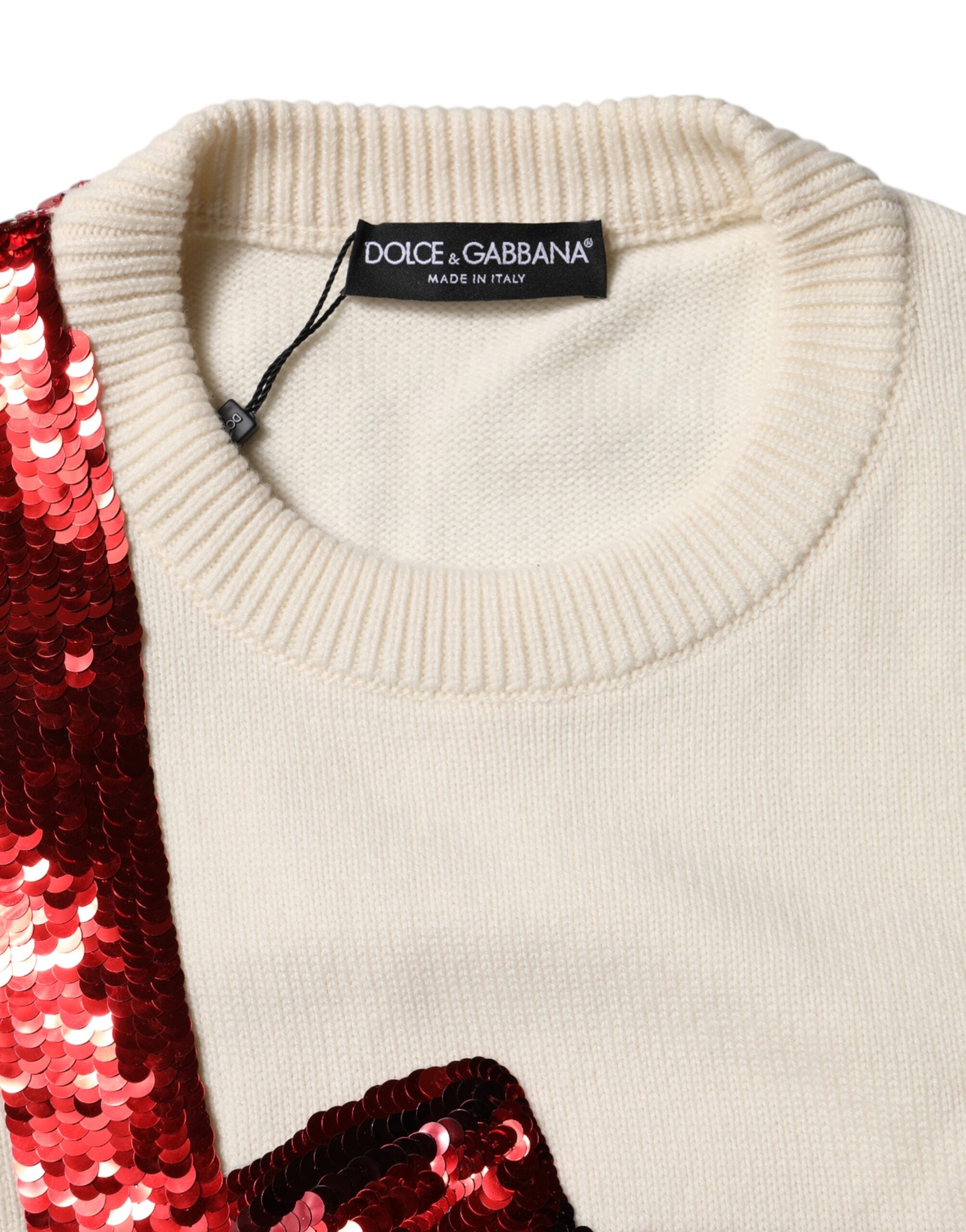 Suéter blanco de cuello redondo con lentejuelas de Dolce & Gabbana-7