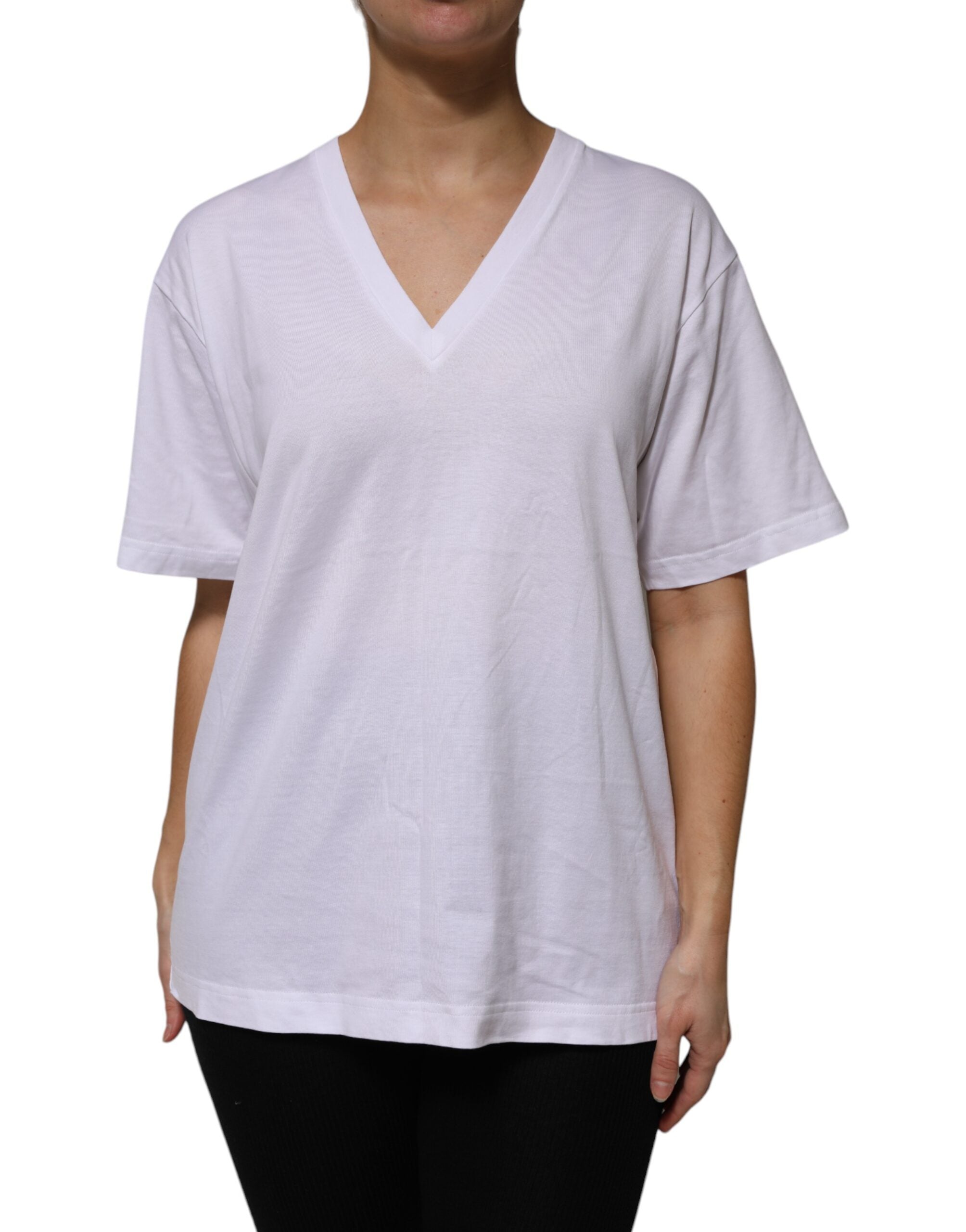 Dolce & Gabbana White Cotton Short-Sleeved V-Neck T-Shirt-2