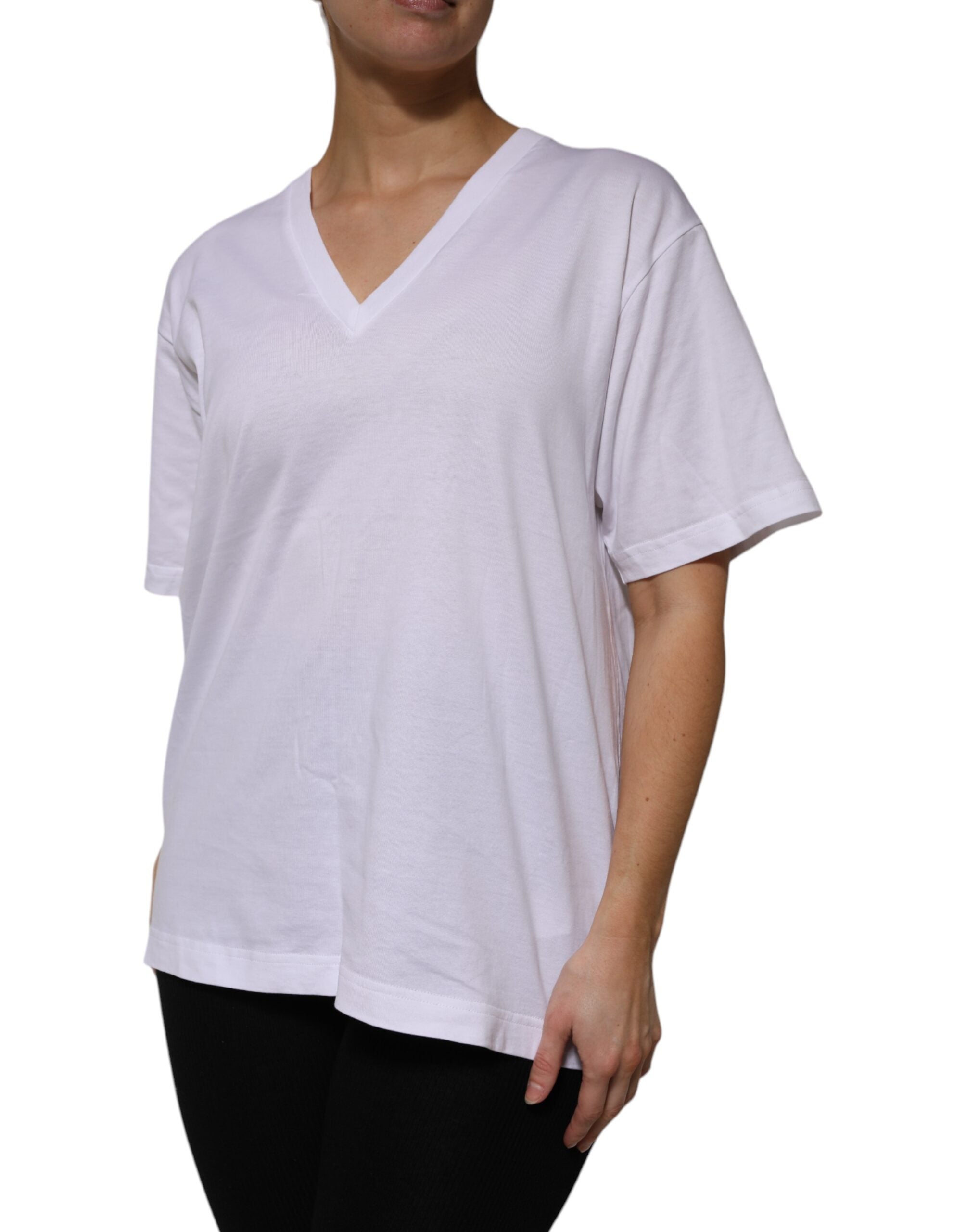 Dolce & Gabbana White Cotton Short-Sleeved V-Neck T-Shirt-3