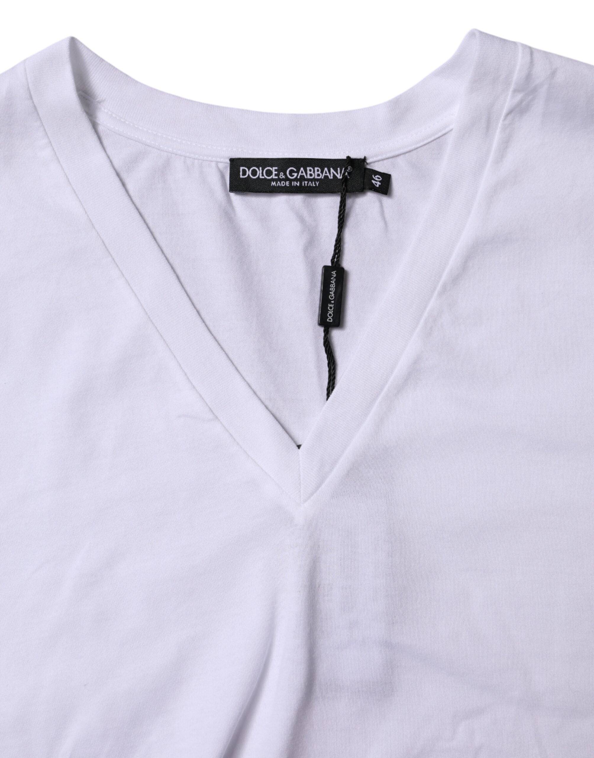 Dolce & Gabbana White Cotton Short-Sleeved V-Neck T-Shirt-7