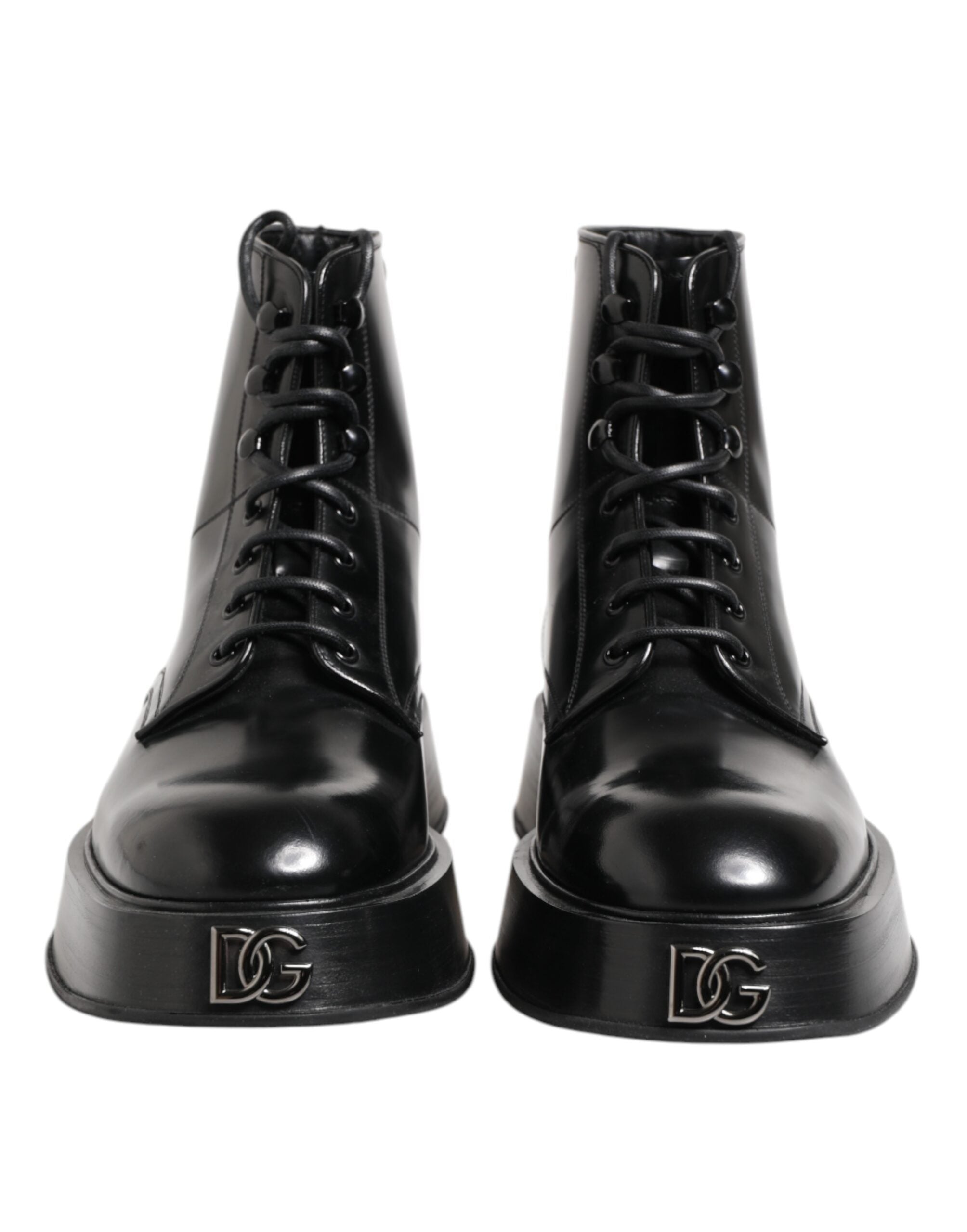 Dolce & Gabbana Black Leather Logo Ankle Boots Lace-up Shoes-2