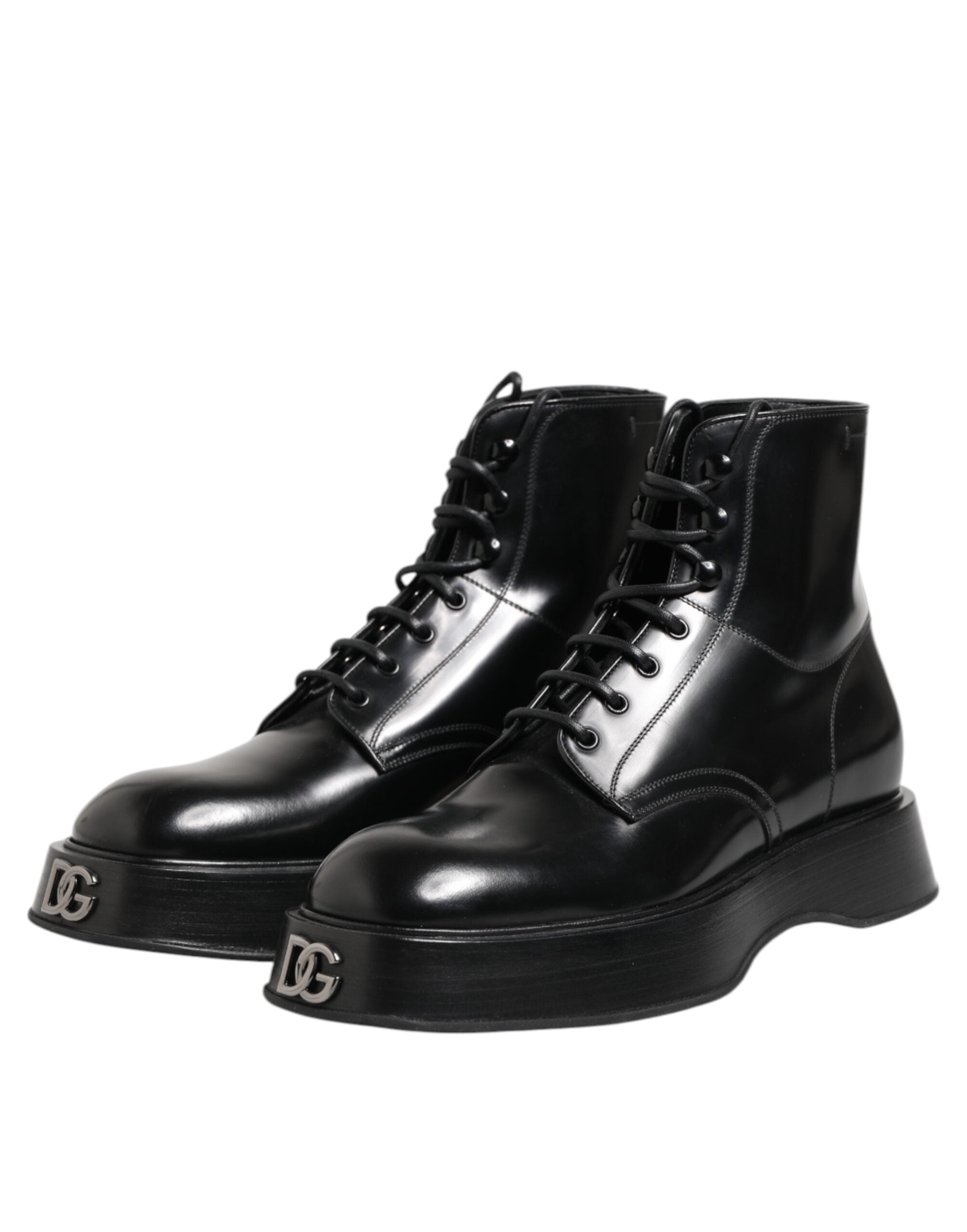 Dolce & Gabbana Black Leather Logo Ankle Boots Lace-up Shoes-4