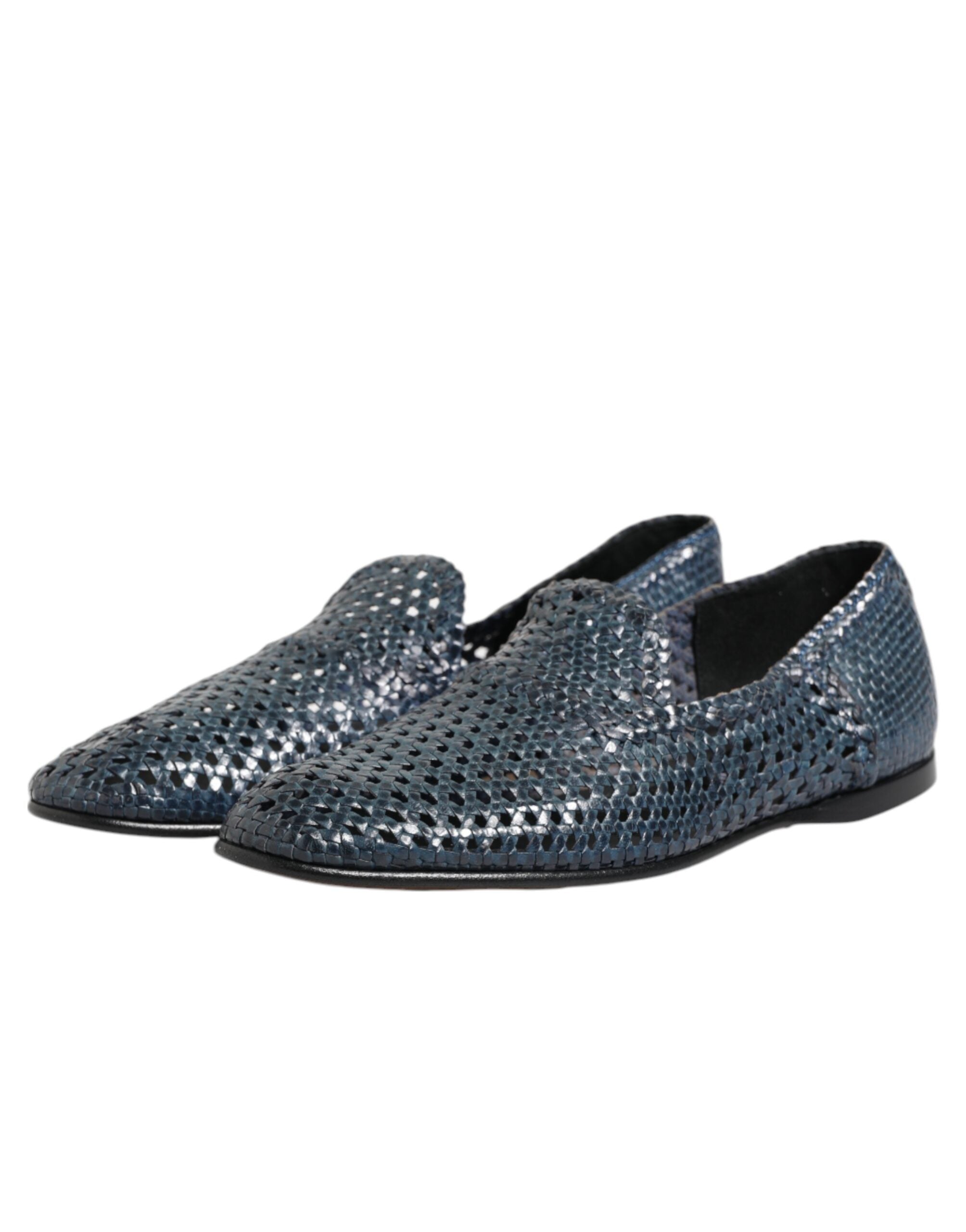 Dolce & Gabbana Blaue gewebte Leder Slipper Schuhe-4