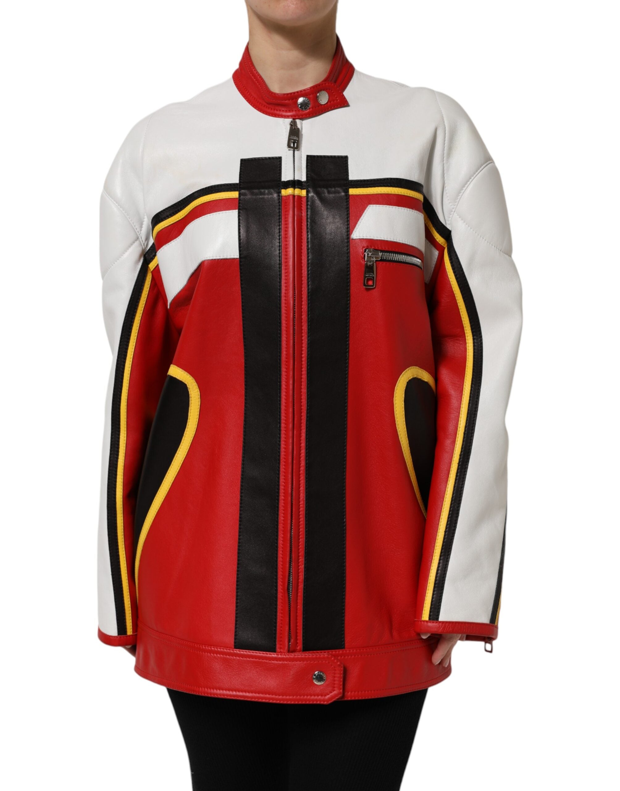 Dolce & Gabbana Multicolor Leather Biker Coat Jacket with Zipper-2
