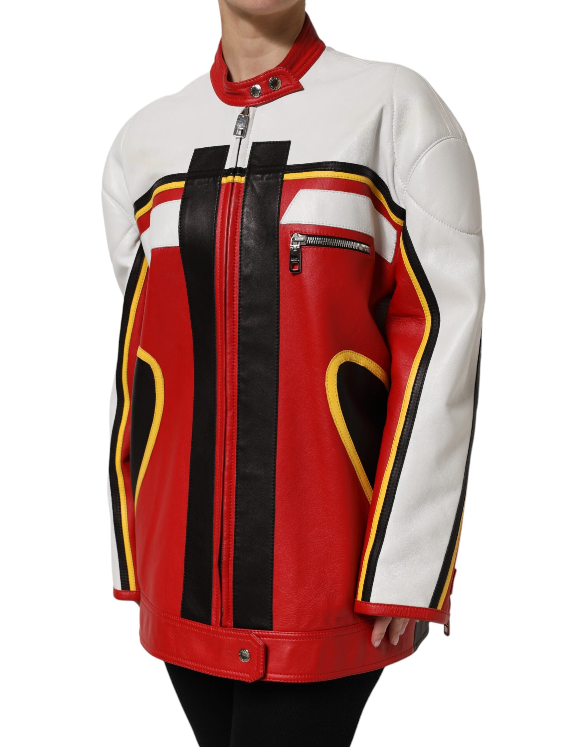 Dolce & Gabbana Multicolor Leather Biker Coat Jacket with Zipper-3
