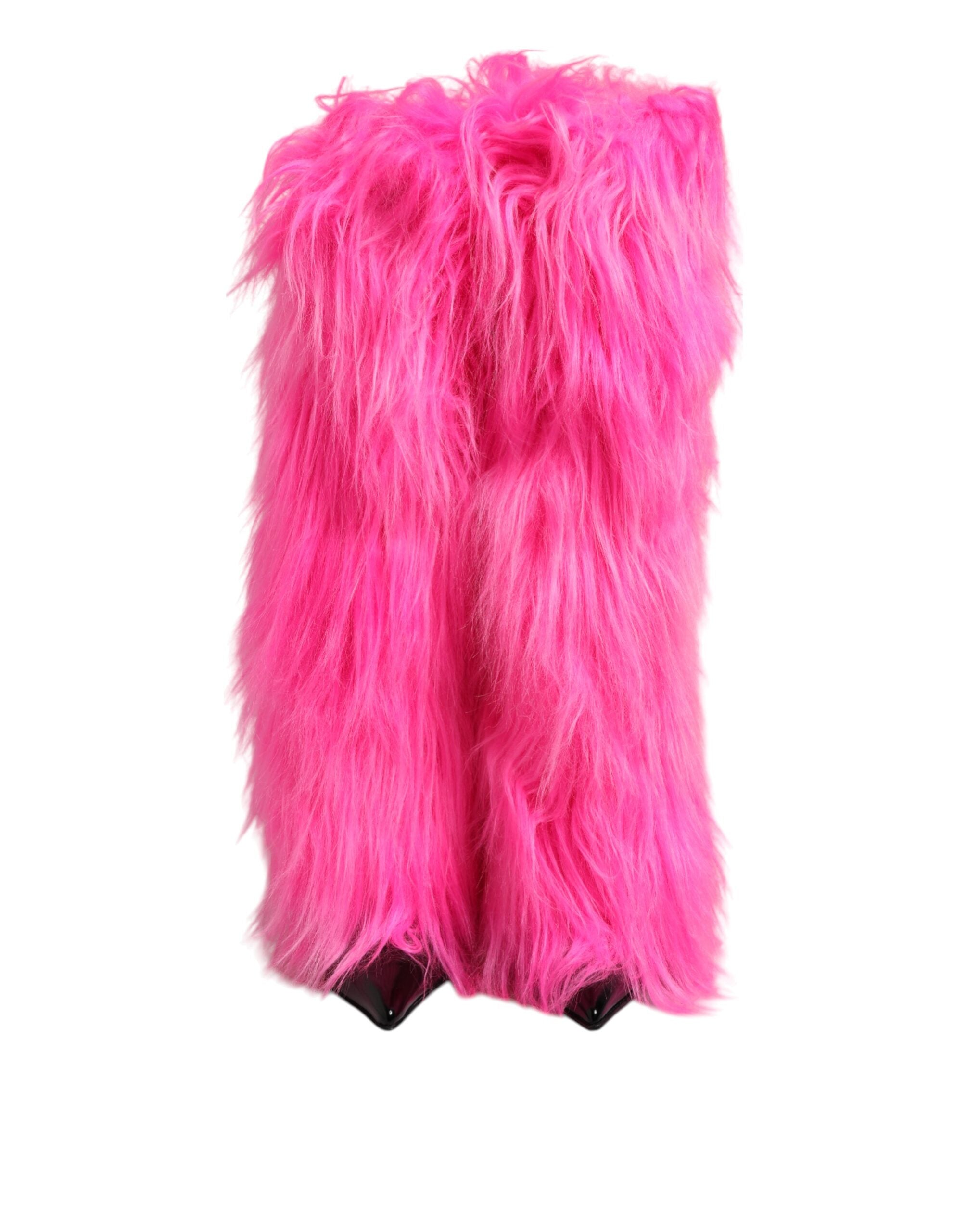 Dolce & Gabbana Pink Faux Fur Leather High Heels Boots Shoes-2